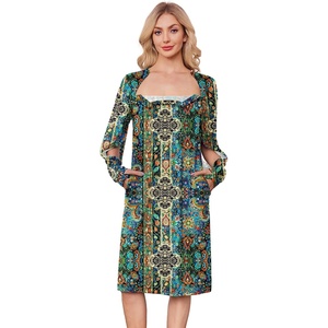 Deyeek Chemo Dress for Port Access Women Dialysis Dresses with Arm Zipper | Long Sleeve Post Surgery Dress with 2 Hidden Side Zippers, Hospital Gowns, Chemotherapy Must Haves, Nightgowns with Pockets(Boho Ethnic)