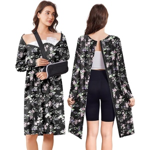 Open Back Hospital Gowns for Women Post Shoulder Surgery Tear Away Snap Chemo Port Adaptive Clothing with Pockets(Black Print)