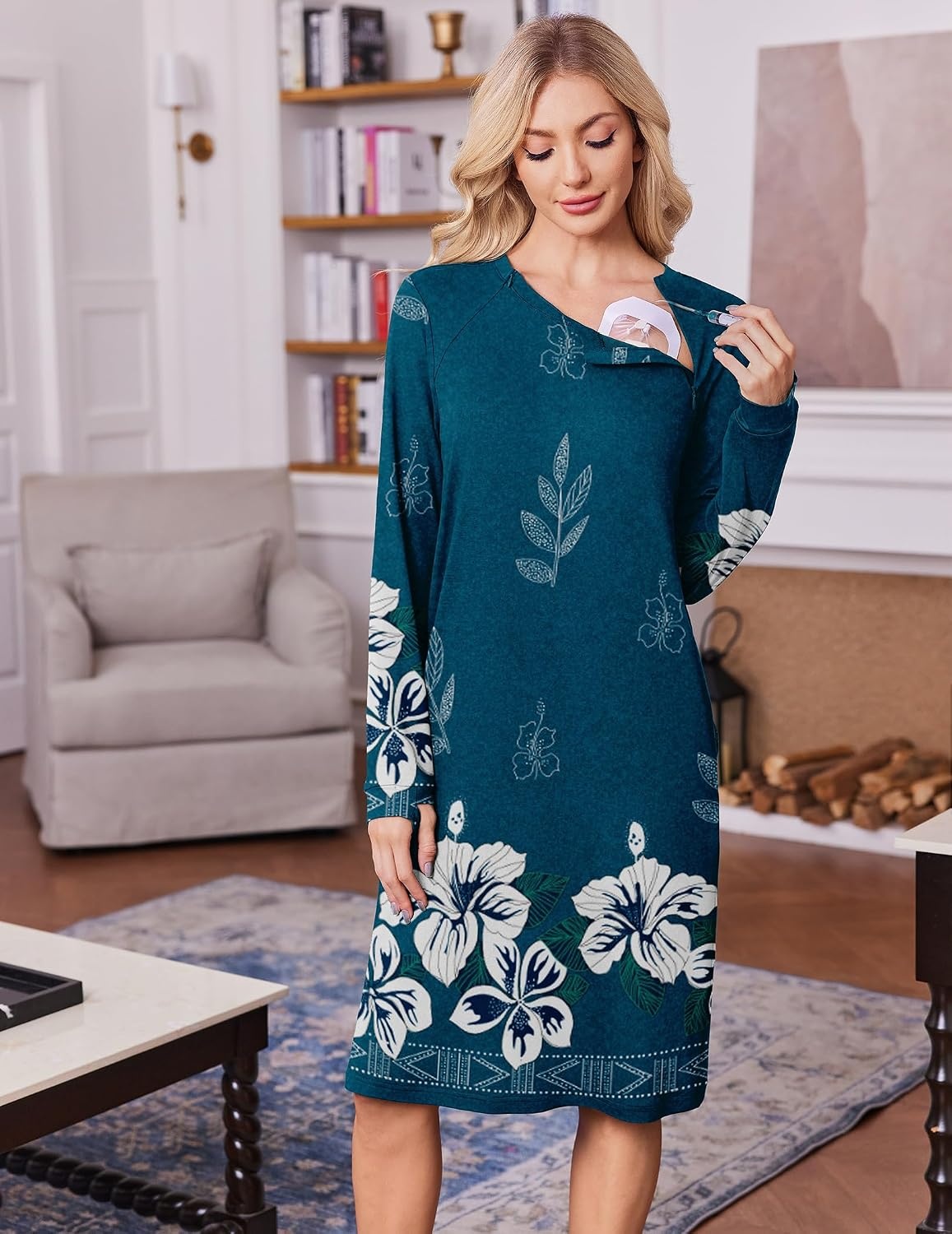 image:imageDeyeek Chemo Dress for Port Access Women Dialysis Dresses with Arm ZipperDark Blue Print