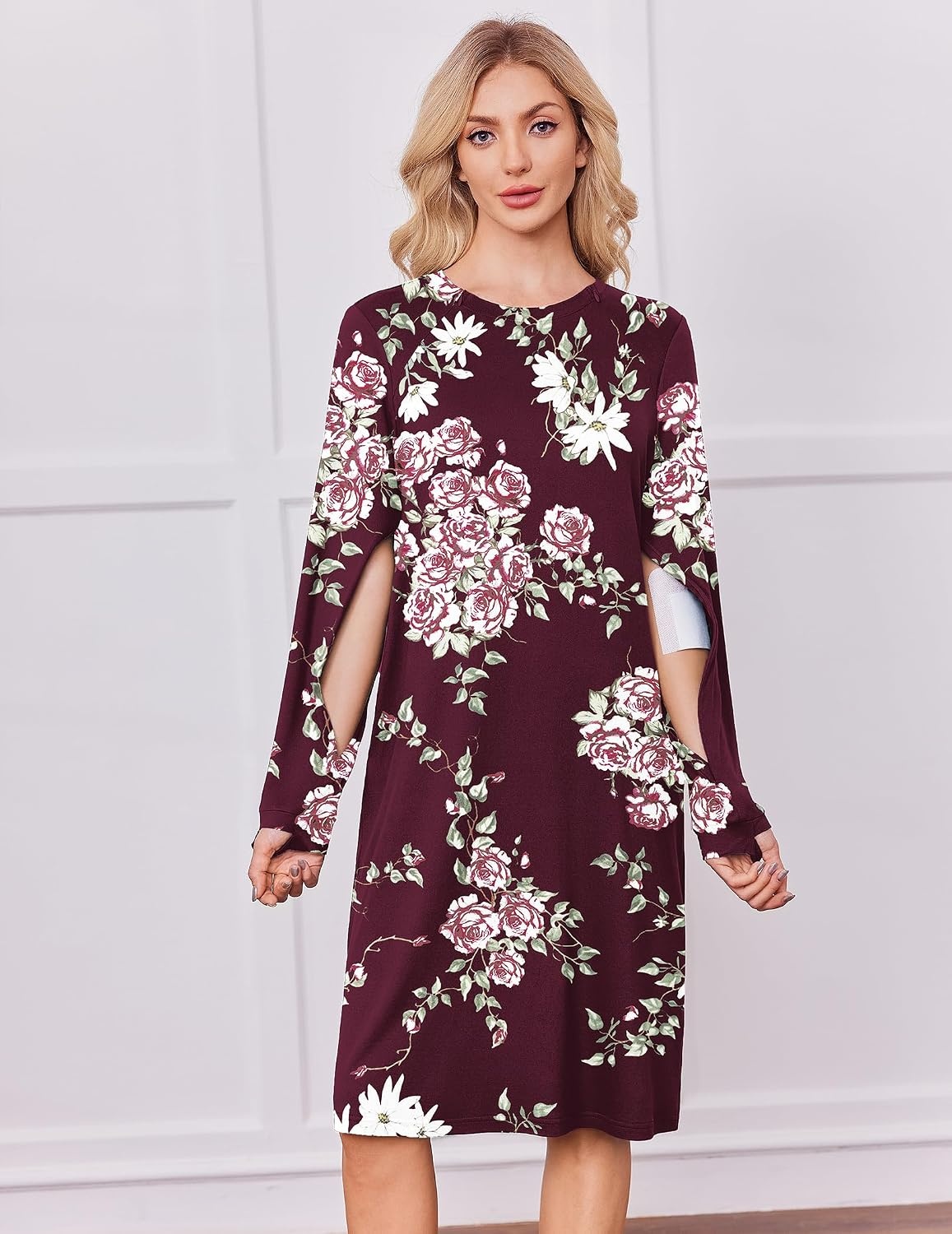 image:imageDeyeek Chemo Dress for Port Access Women Dialysis Dresses with Arm ZipperRed Print