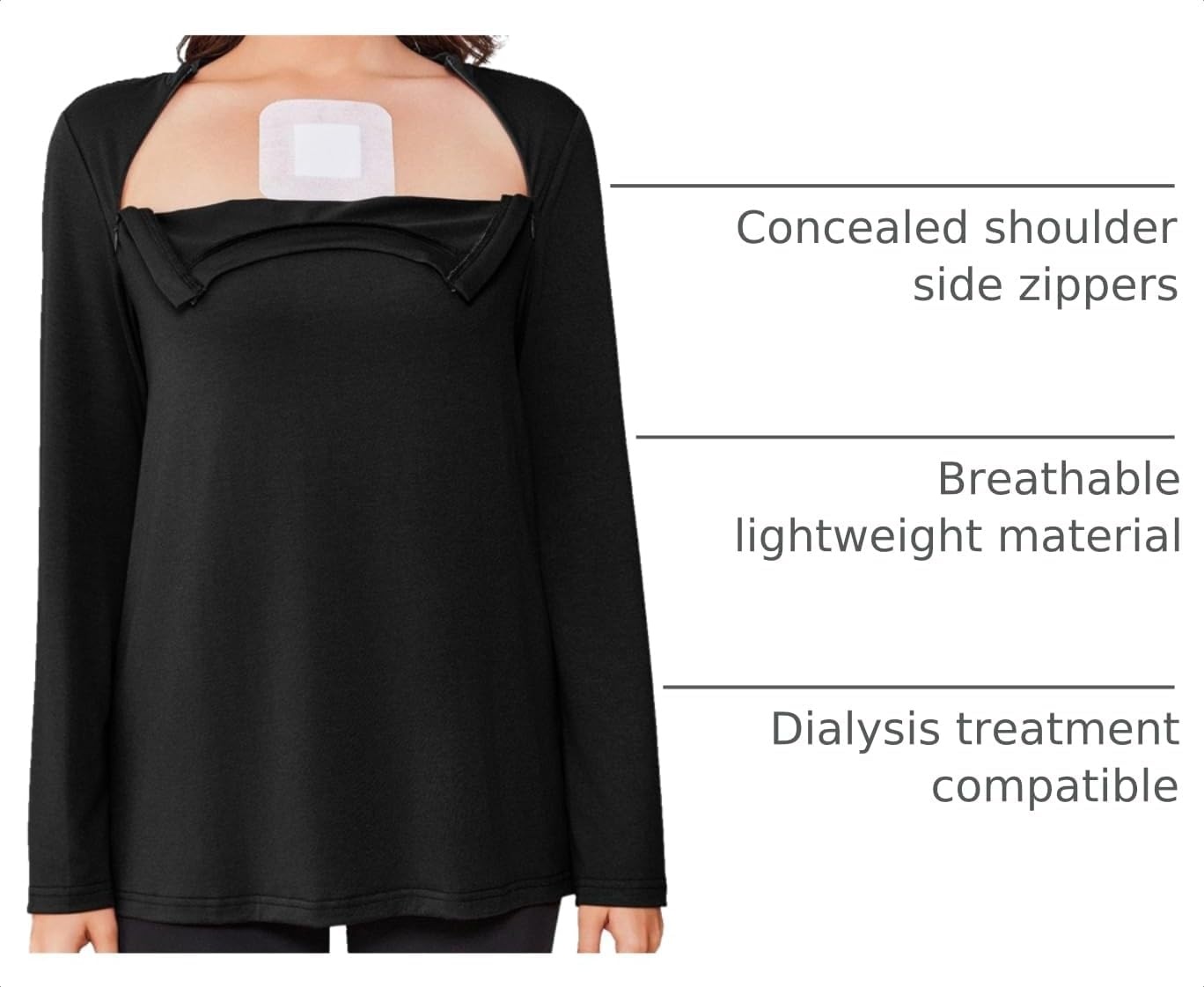 image:imageDeyeek Chemo Shirt for Women Long Sleeve Port Access Dialysis Surgery TopBlack