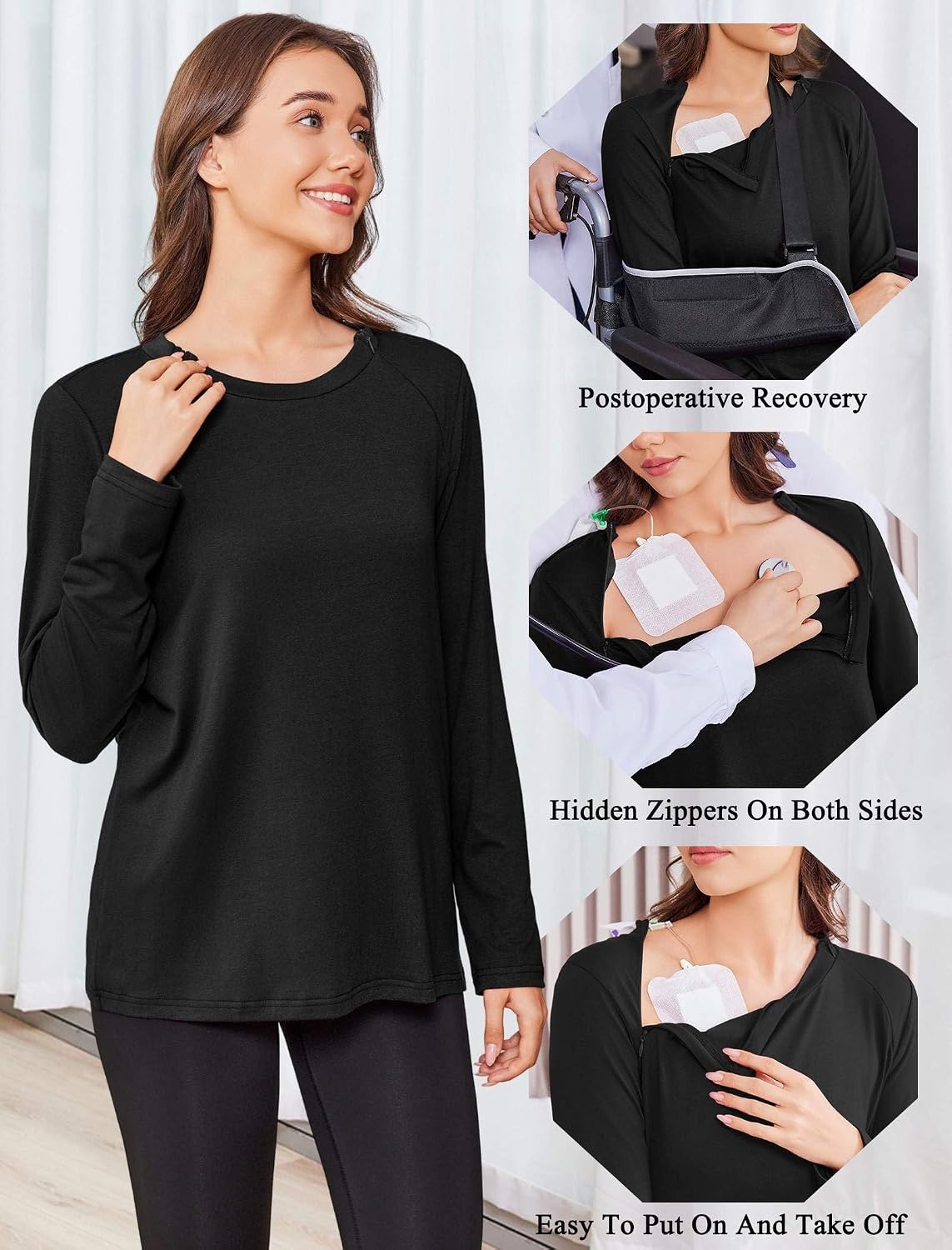 image:imageDeyeek Chemo Shirt for Women Long Sleeve Port Access Dialysis Surgery TopBlack