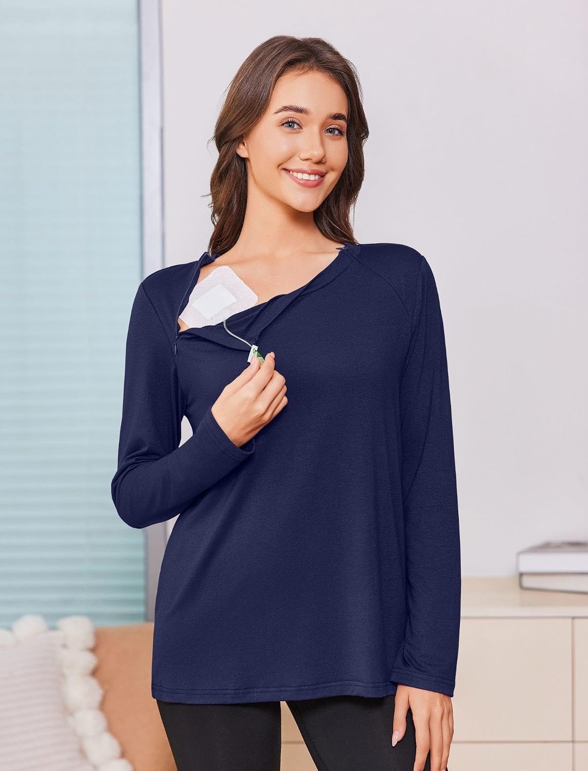 image:imageDeyeek Chemo Shirt for Women Long Sleeve Port Access Dialysis Surgery TopBlue Purple