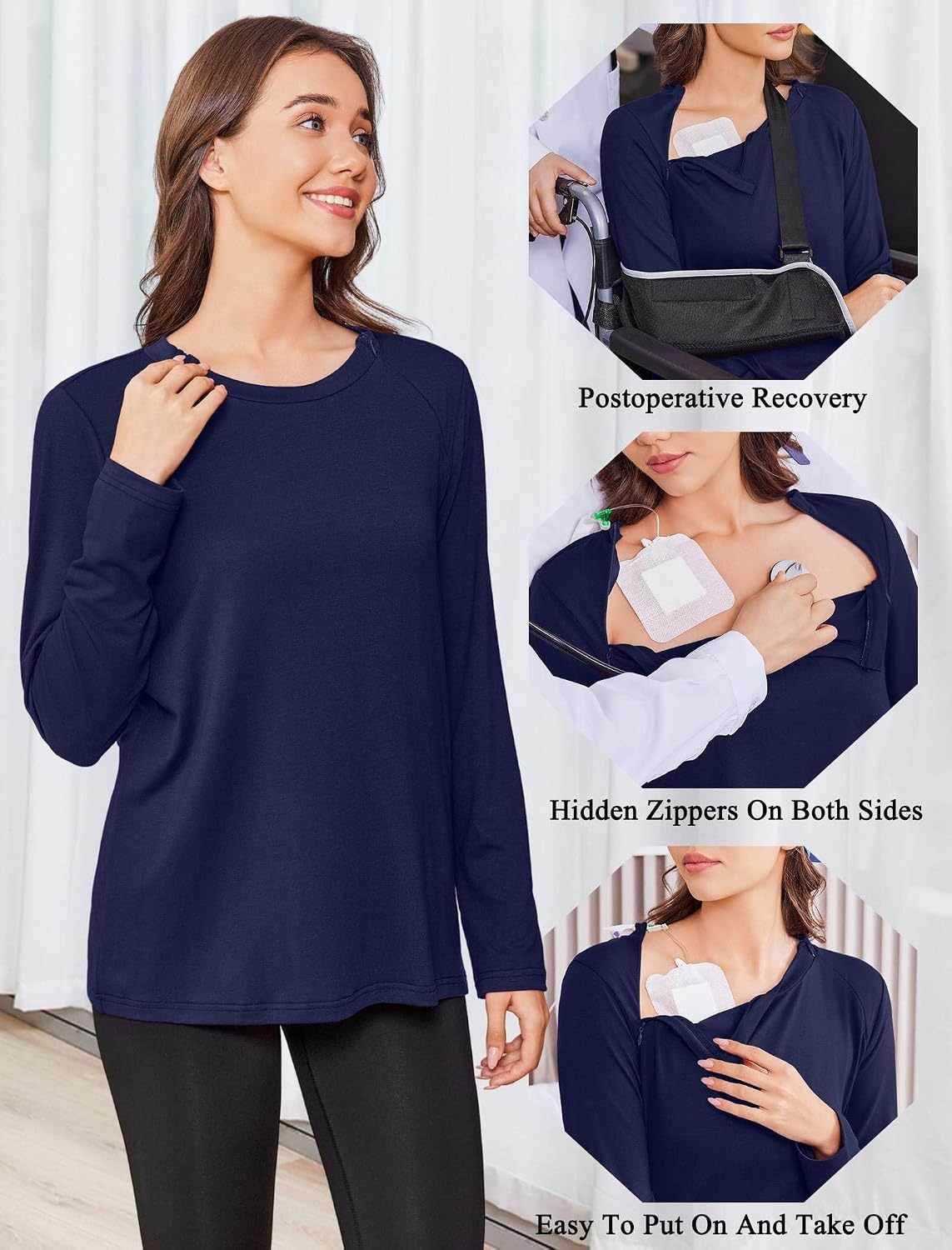 image:imageDeyeek Chemo Shirt for Women Long Sleeve Port Access Dialysis Surgery TopBlue Purple