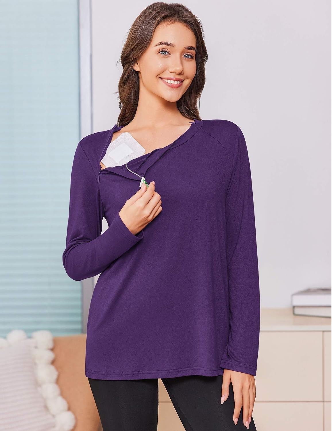 image:imageDeyeek Chemo Shirt for Women Long Sleeve Port Access Dialysis Surgery TopBright Purple