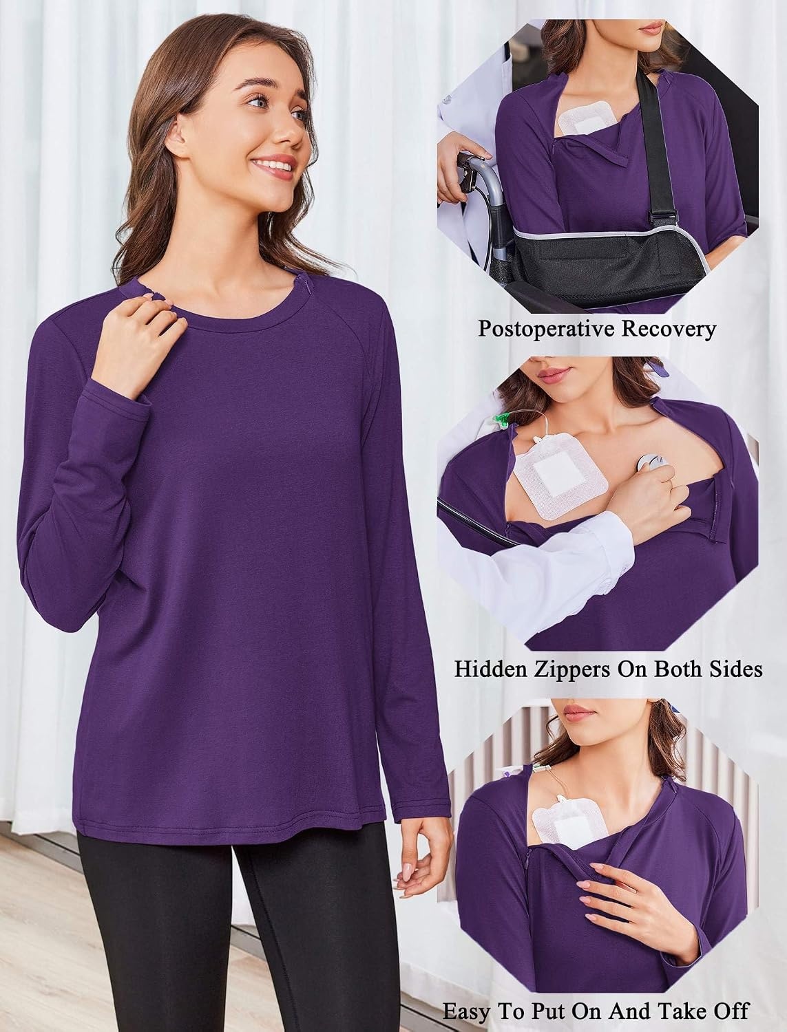 image:imageDeyeek Chemo Shirt for Women Long Sleeve Port Access Dialysis Surgery TopBright Purple