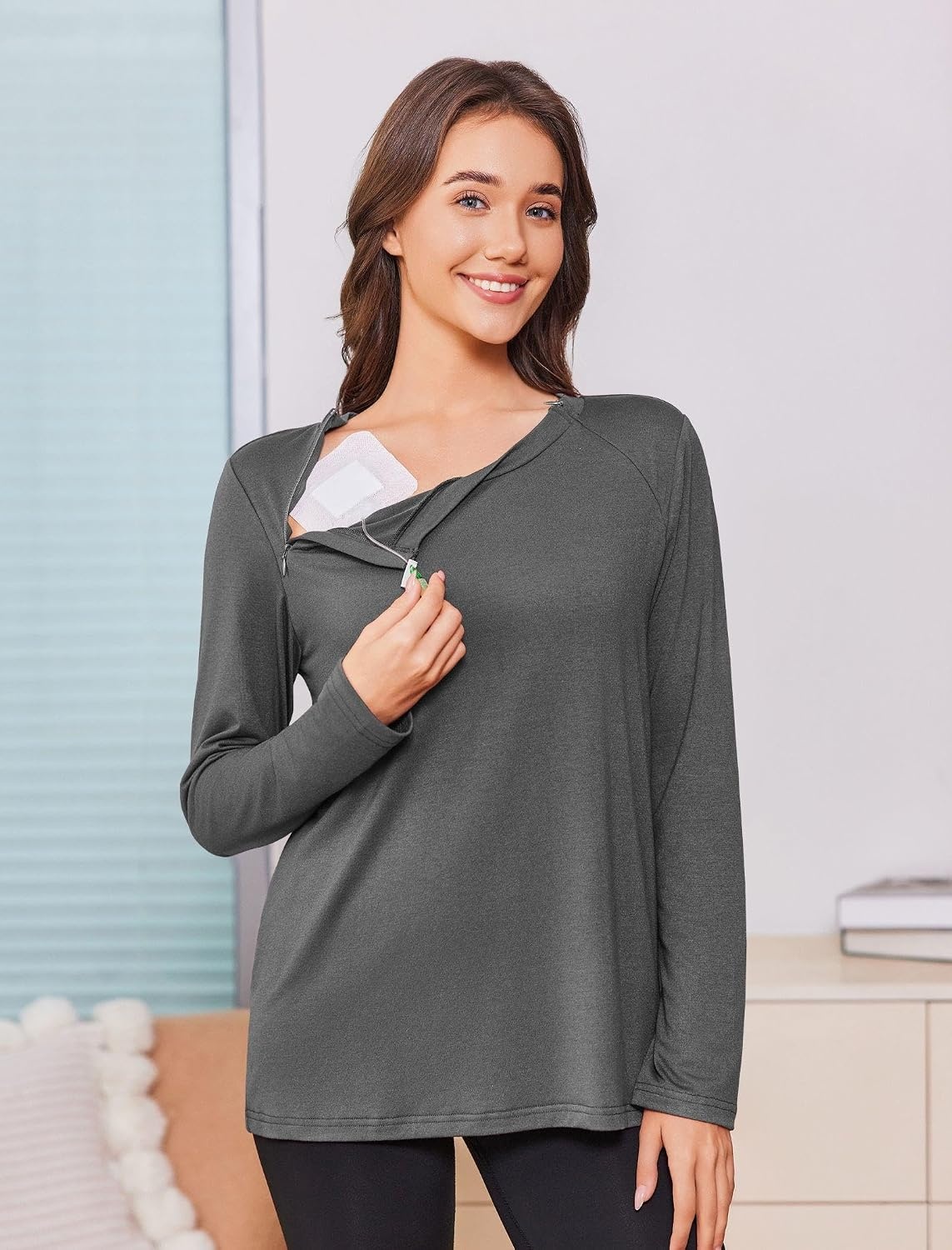 image:imageDeyeek Chemo Shirt for Women Long Sleeve Port Access Dialysis Surgery TopDark Gray