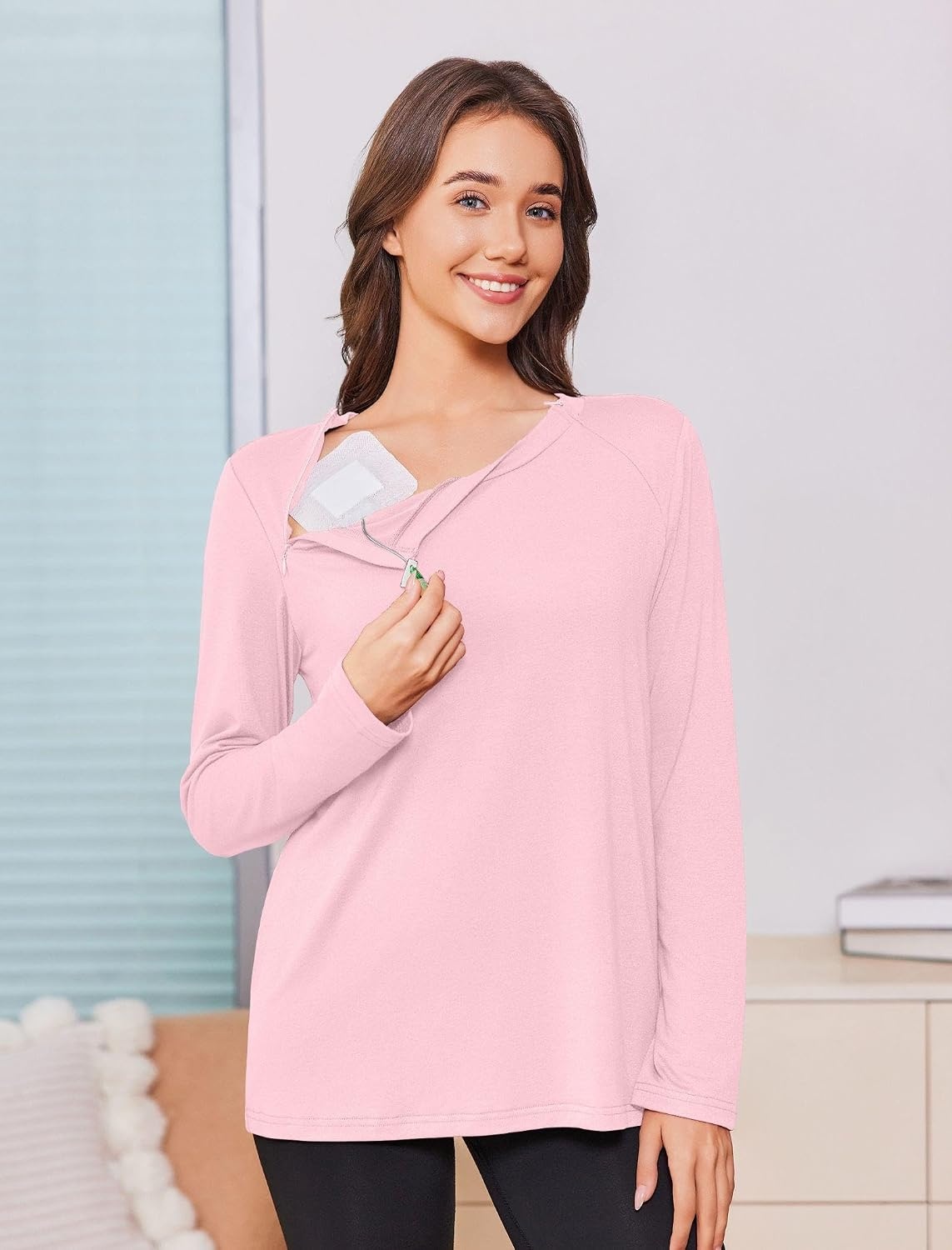 image:imageDeyeek Chemo Shirt for Women Long Sleeve Port Access Dialysis Surgery TopDark Pink