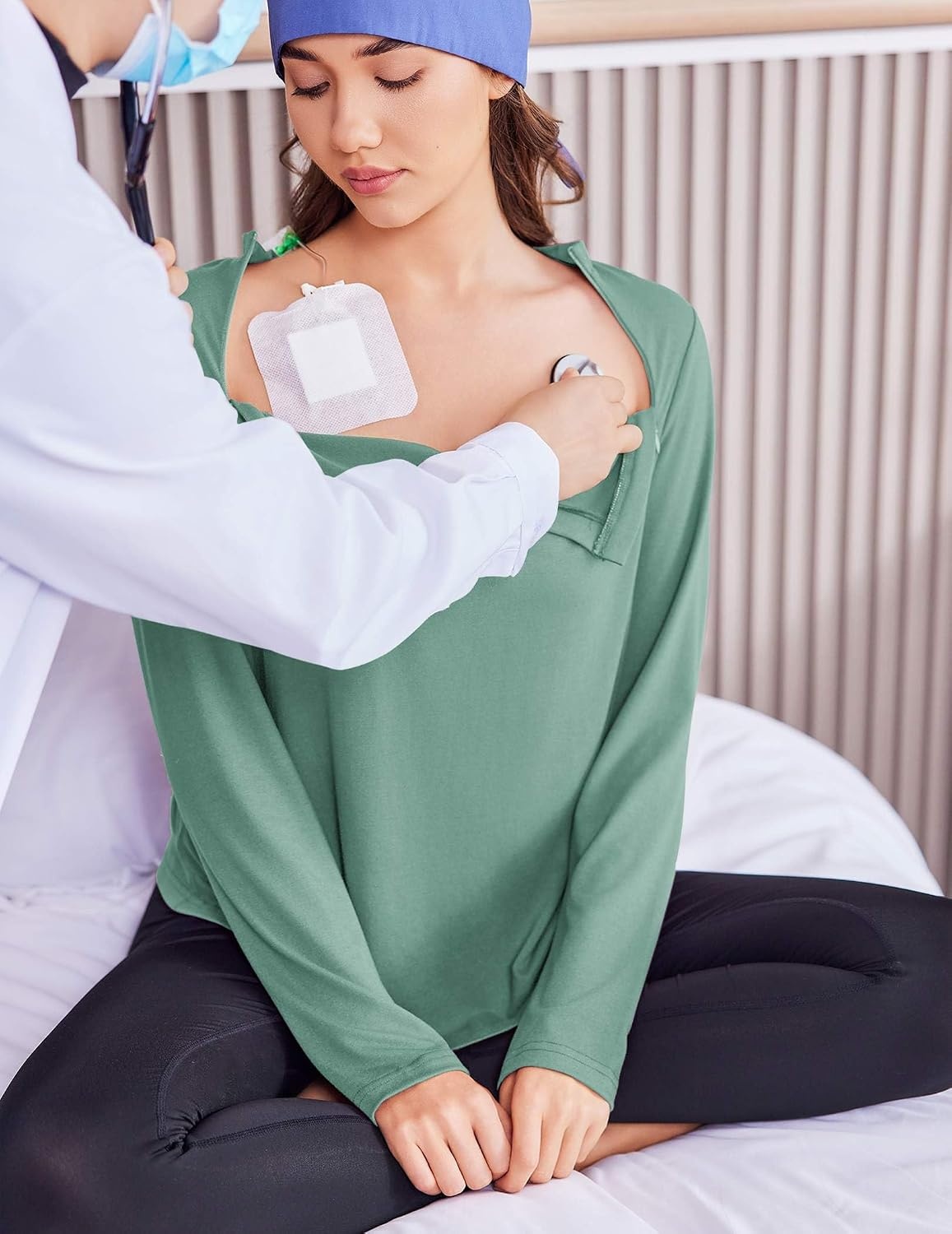 image:imageDeyeek Chemo Shirt for Women Long Sleeve Port Access Dialysis Surgery TopGray Green
