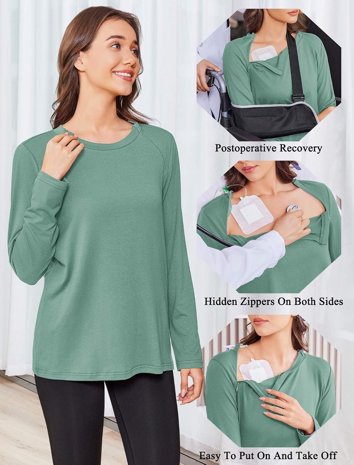 image:imageDeyeek Chemo Shirt for Women Long Sleeve Port Access Dialysis Surgery TopGray Green