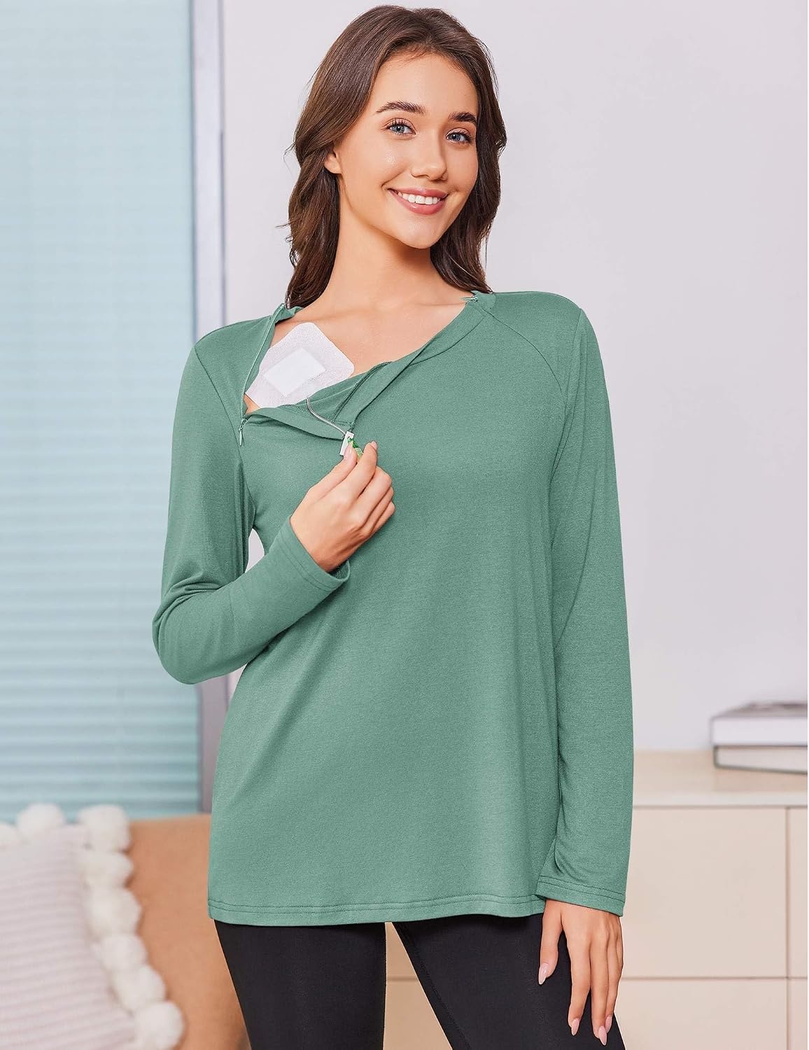 image:imageDeyeek Chemo Shirt for Women Long Sleeve Port Access Dialysis Surgery TopGray Green