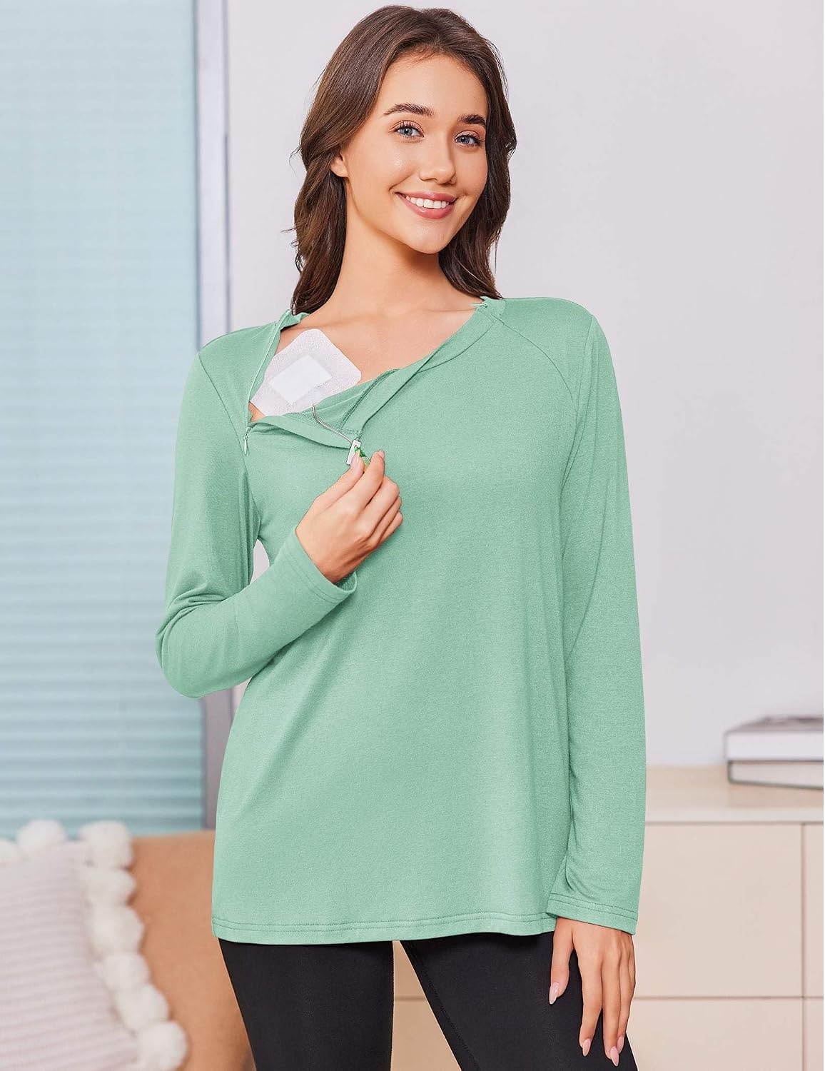 image:imageDeyeek Chemo Shirt for Women Long Sleeve Port Access Dialysis Surgery TopIce Green