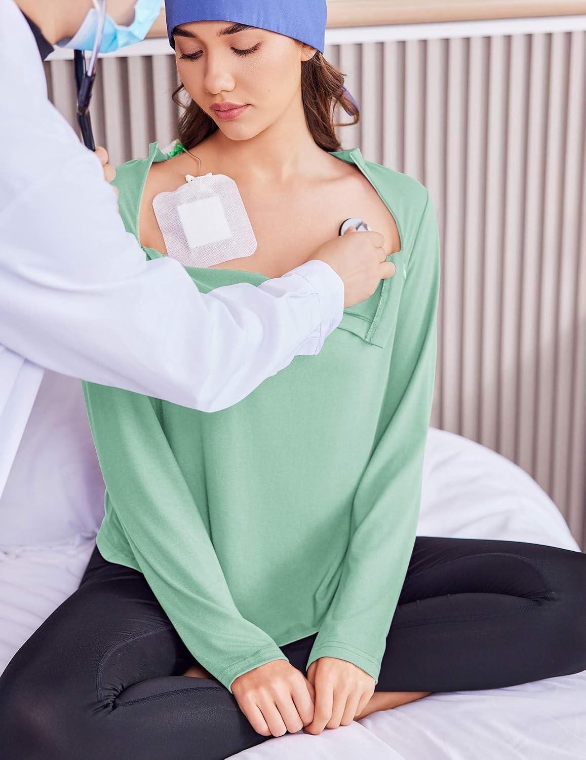 image:imageDeyeek Chemo Shirt for Women Long Sleeve Port Access Dialysis Surgery TopIce Green