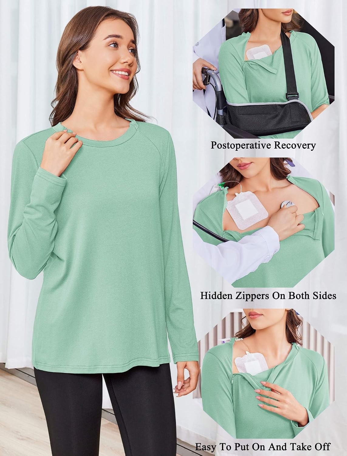 image:imageDeyeek Chemo Shirt for Women Long Sleeve Port Access Dialysis Surgery TopIce Green