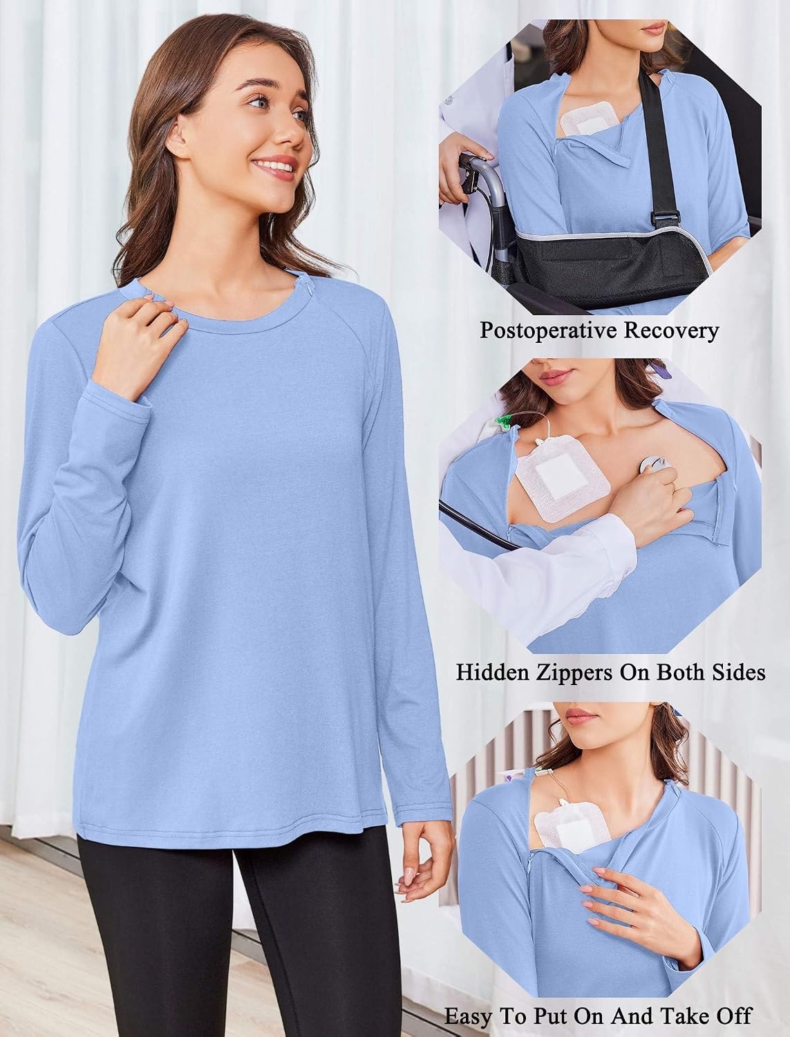 image:imageDeyeek Chemo Shirt for Women Long Sleeve Port Access Dialysis Surgery TopLight Blue