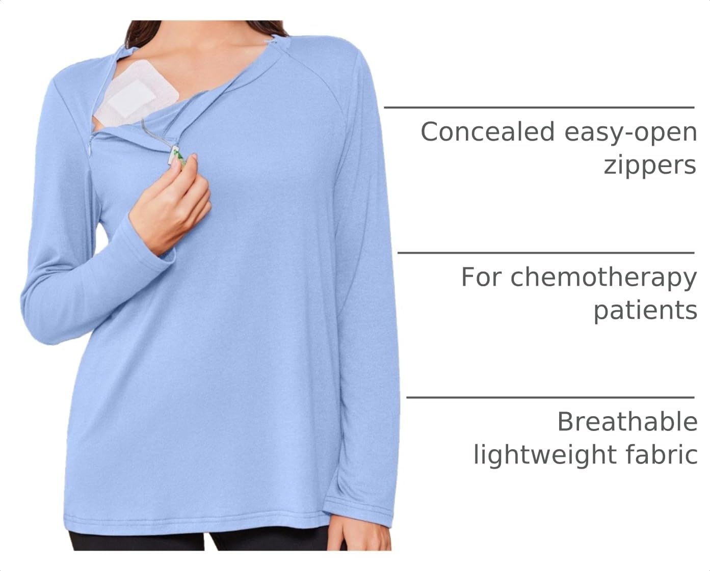 image:imageDeyeek Chemo Shirt for Women Long Sleeve Port Access Dialysis Surgery TopLight Blue