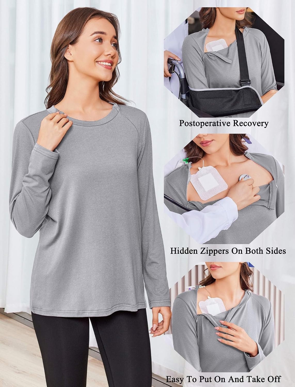 image:imageDeyeek Chemo Shirt for Women Long Sleeve Port Access Dialysis Surgery TopLight Gray