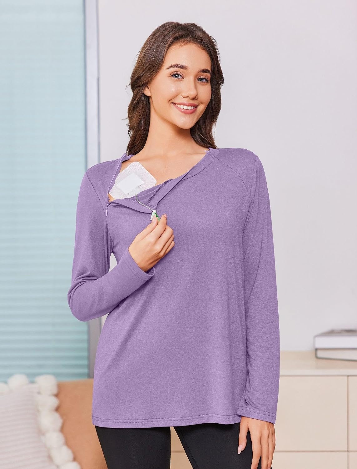 image:imageDeyeek Chemo Shirt for Women Long Sleeve Port Access Dialysis Surgery TopLilac