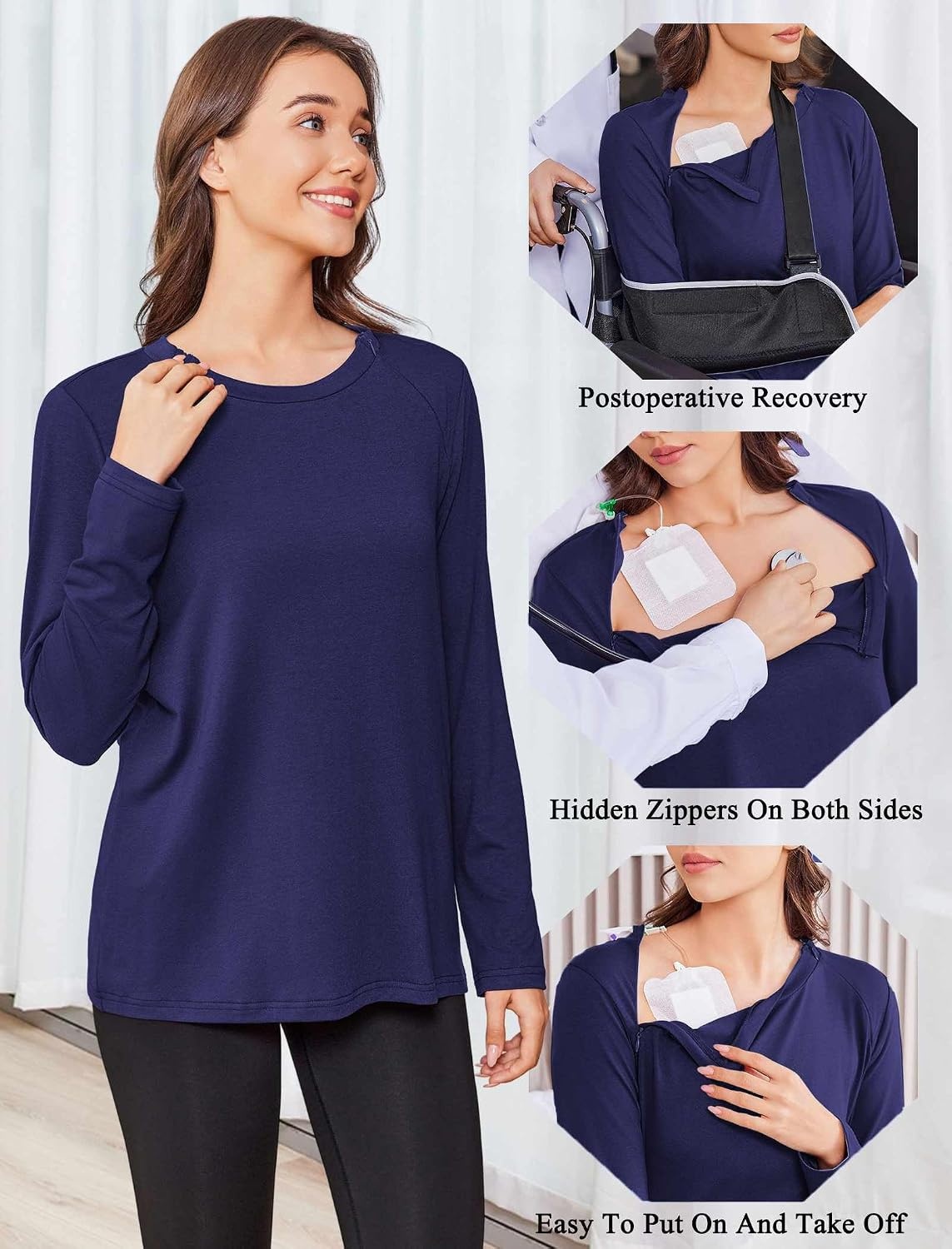 image:imageDeyeek Chemo Shirt for Women Long Sleeve Port Access Dialysis Surgery TopNavy Blue