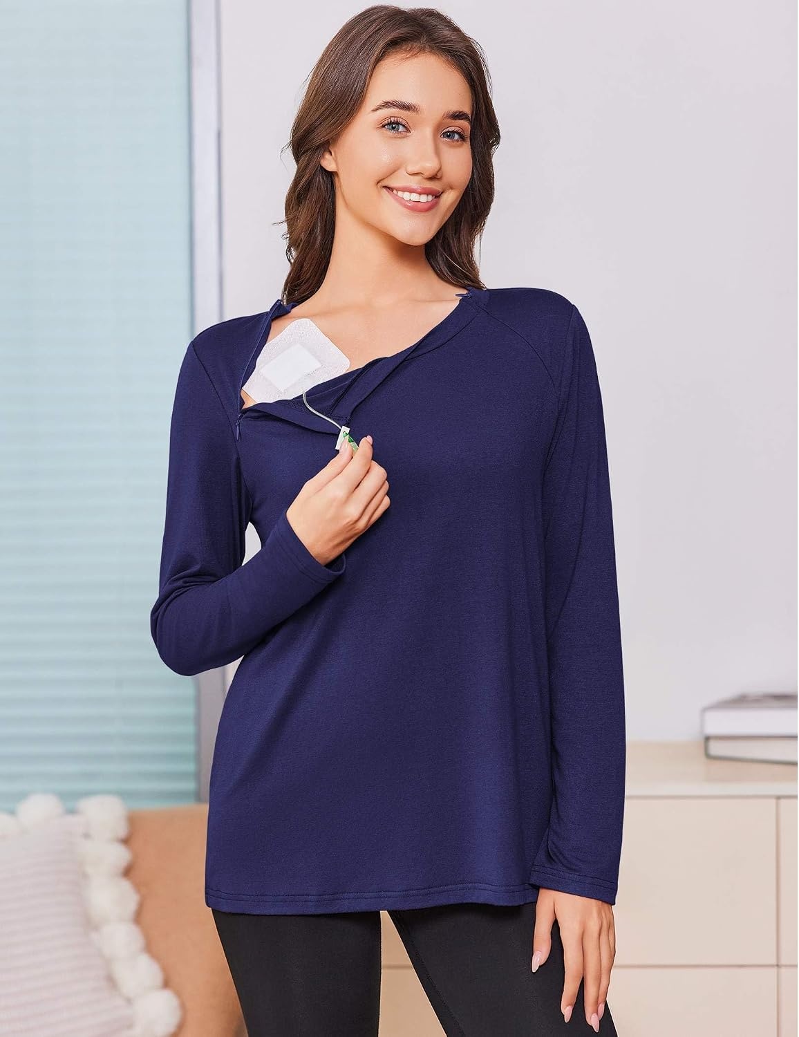 image:imageDeyeek Chemo Shirt for Women Long Sleeve Port Access Dialysis Surgery TopNavy Blue