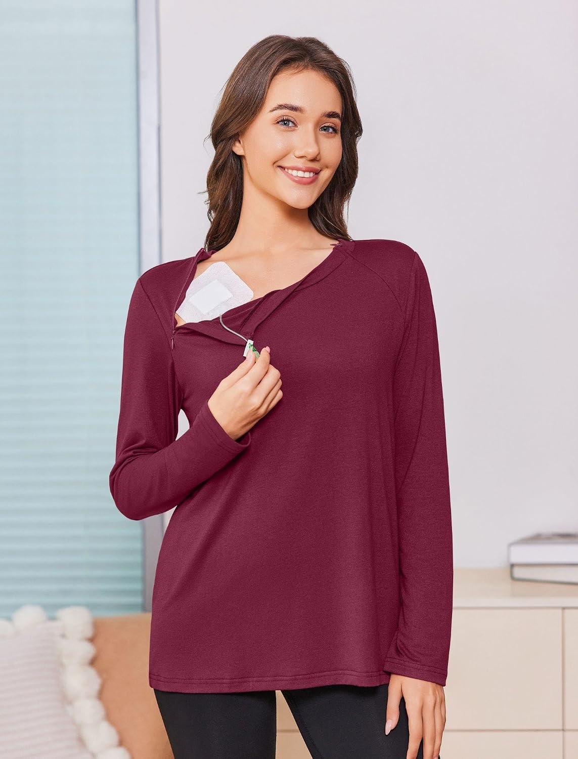 image:imageDeyeek Chemo Shirt for Women Long Sleeve Port Access Dialysis Surgery TopRed