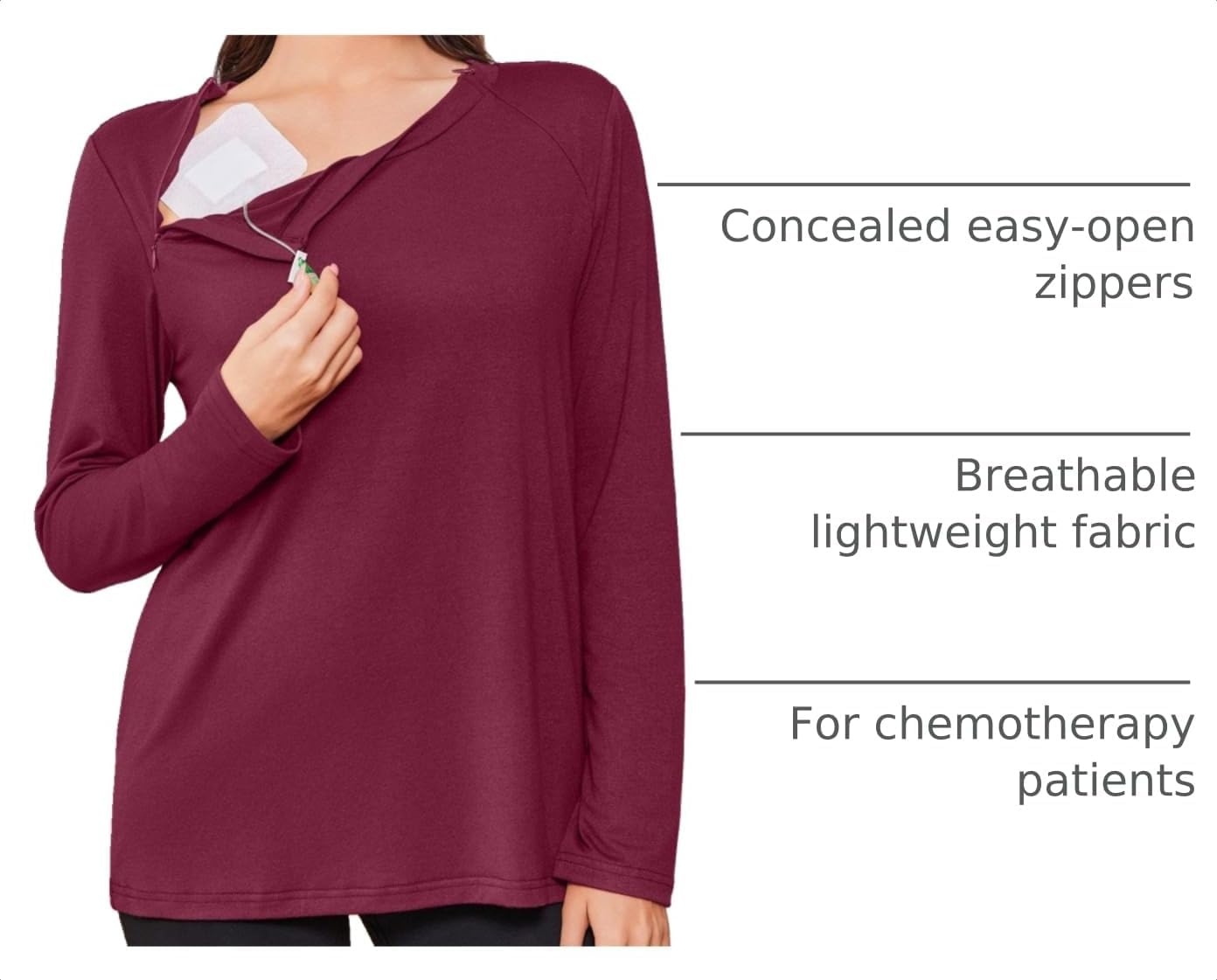 image:imageDeyeek Chemo Shirt for Women Long Sleeve Port Access Dialysis Surgery TopRed