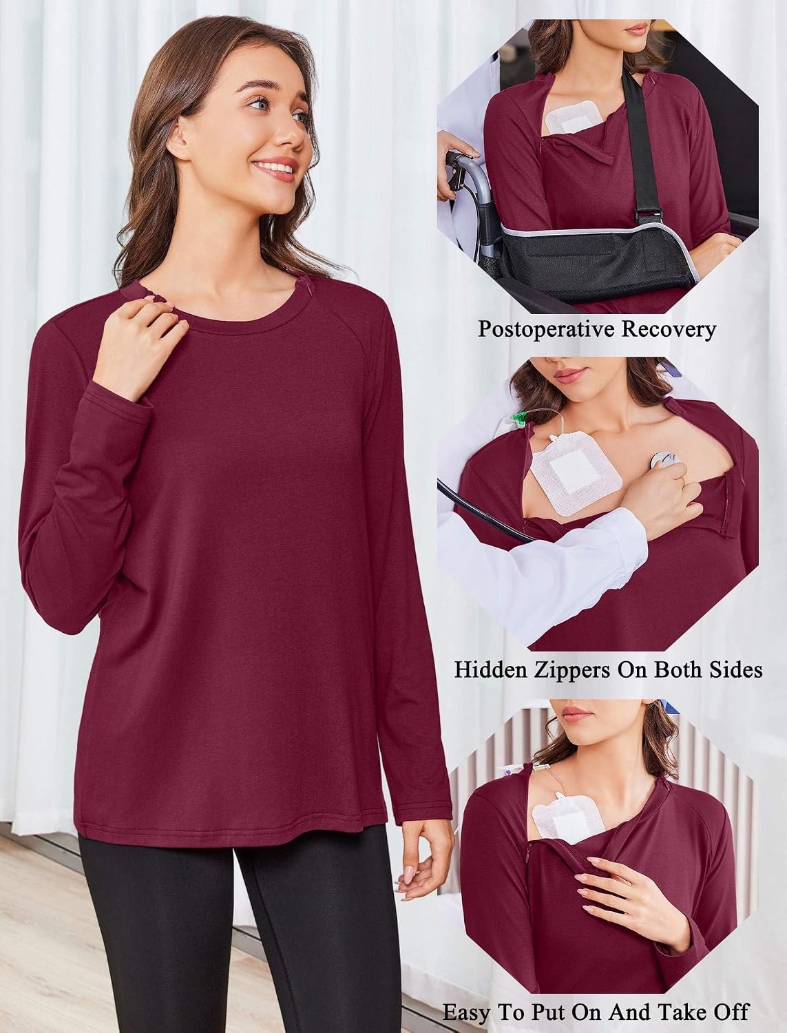 image:imageDeyeek Chemo Shirt for Women Long Sleeve Port Access Dialysis Surgery TopRed