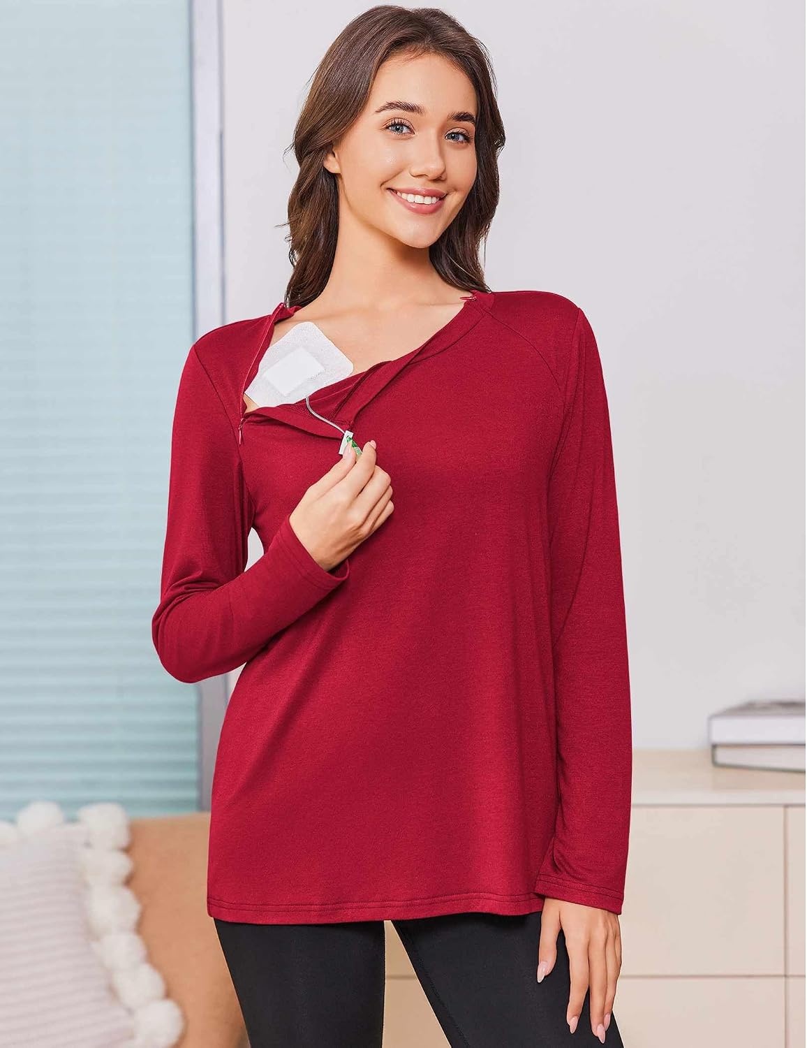 image:imageDeyeek Chemo Shirt for Women Long Sleeve Port Access Dialysis Surgery TopTrue Red