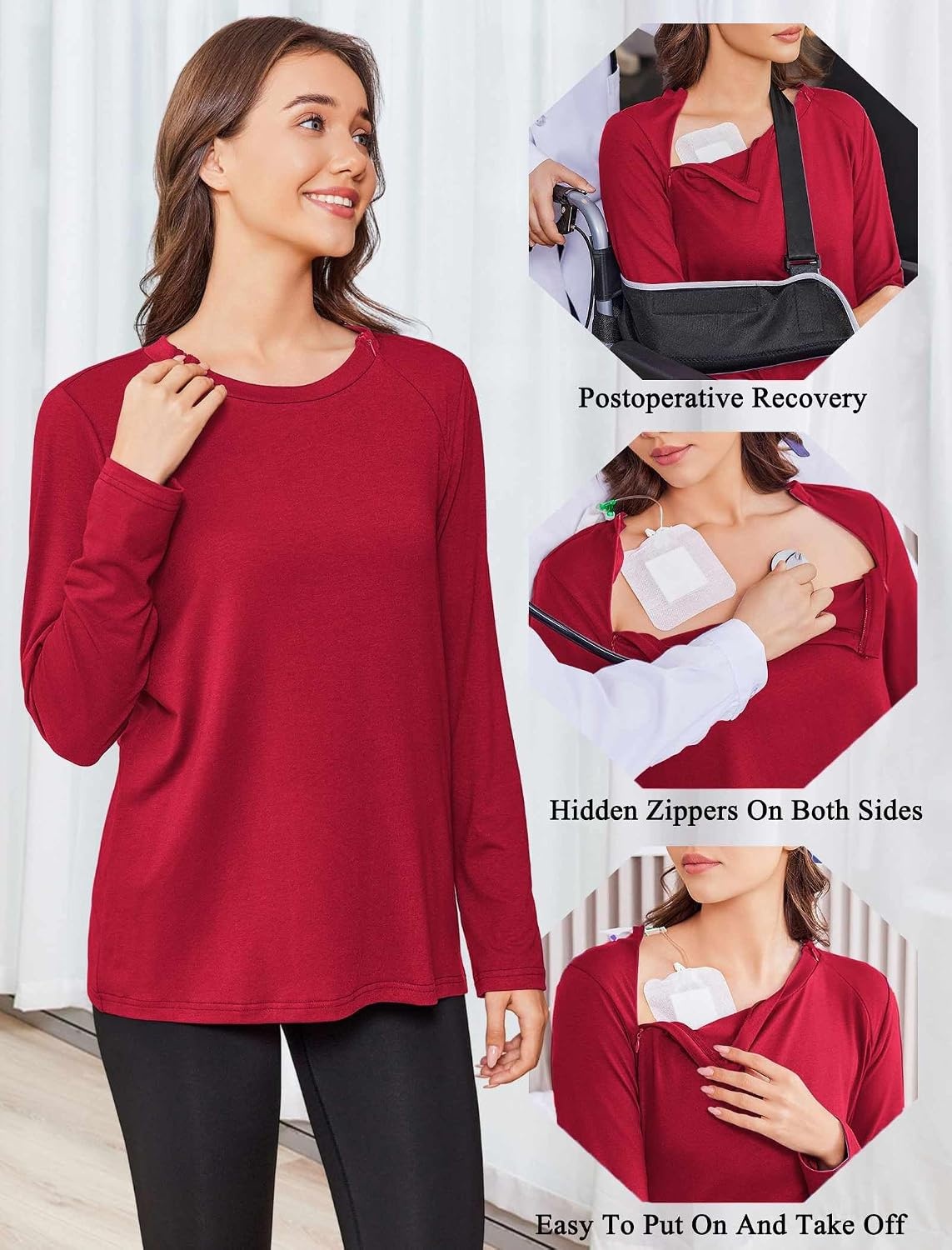 image:imageDeyeek Chemo Shirt for Women Long Sleeve Port Access Dialysis Surgery TopTrue Red