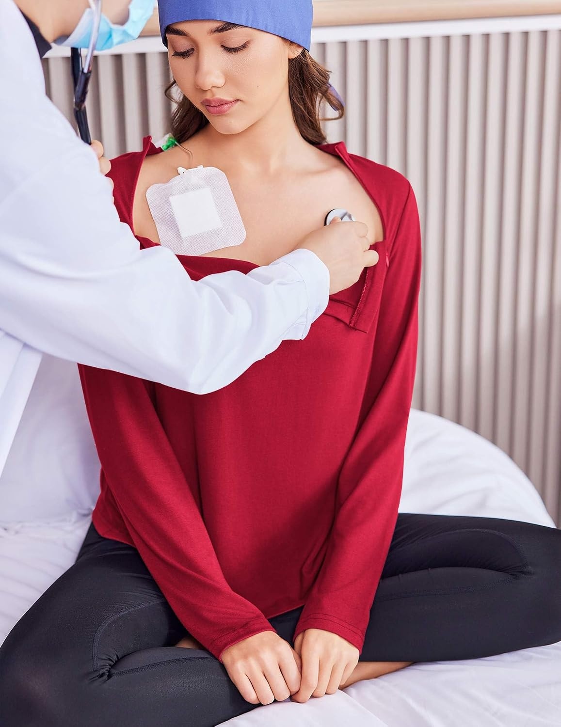 image:imageDeyeek Chemo Shirt for Women Long Sleeve Port Access Dialysis Surgery TopTrue Red