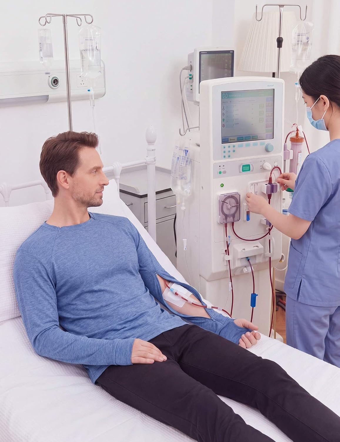 image:imageDeyeek Mens Chemo Port Access Shirts with 2 Side Arm ZippersBlue