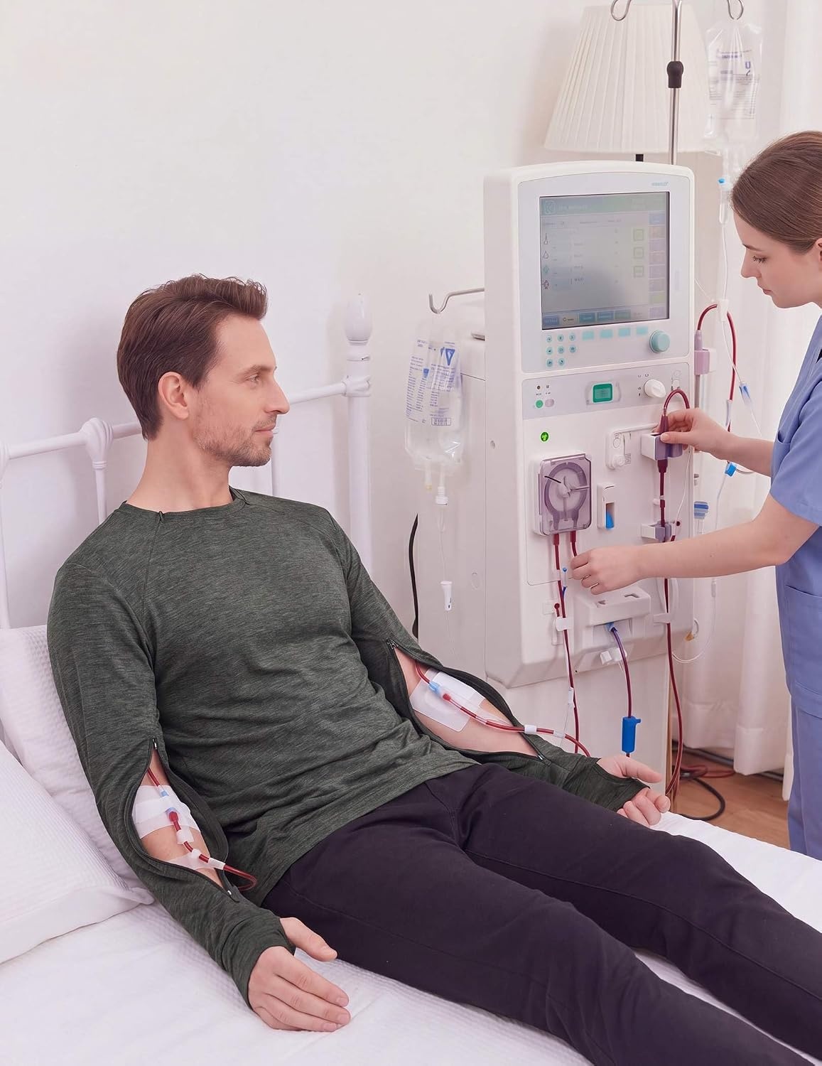 image:imageDeyeek Mens Chemo Port Access Shirts with 2 Side Arm ZippersDark Army Green
