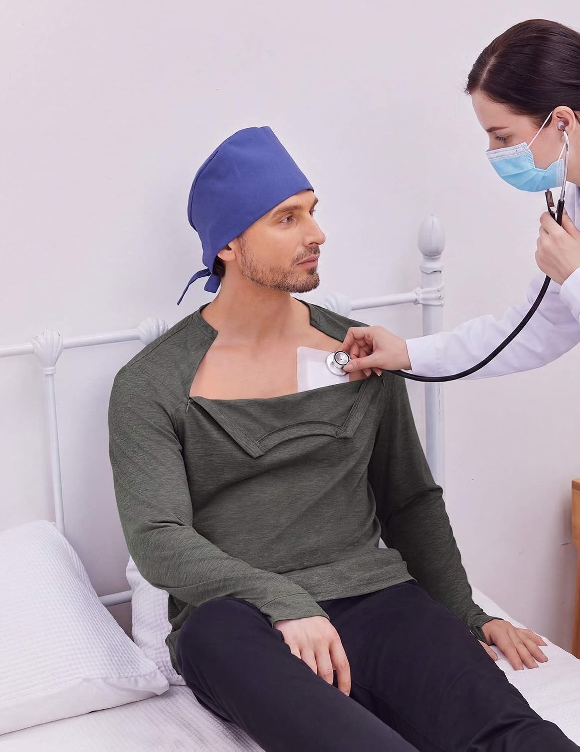 image:imageDeyeek Mens Chemo Port Access Shirts with 2 Side Arm ZippersDark Army Green