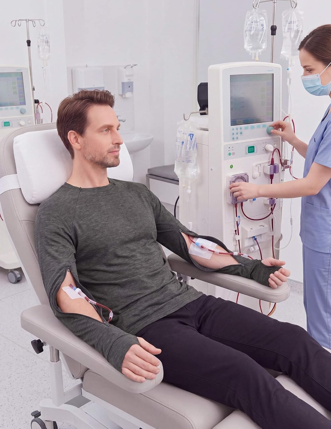 image:imageDeyeek Mens Chemo Port Access Shirts with 2 Side Arm ZippersGrey
