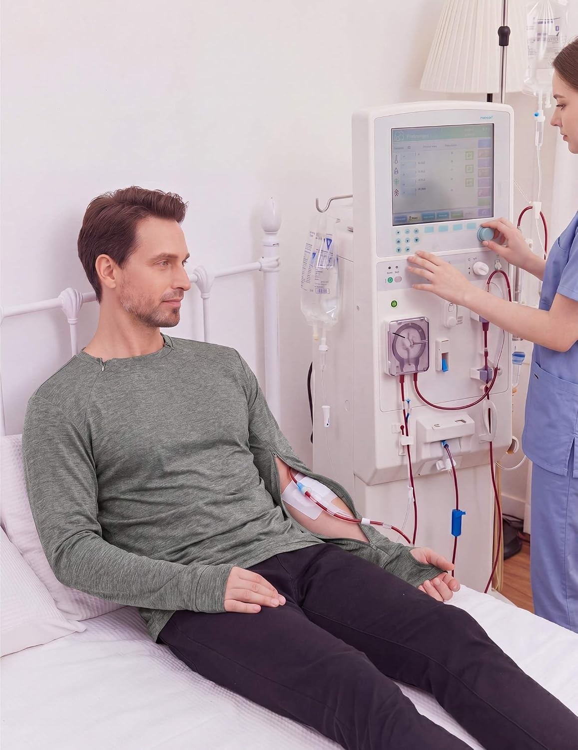 image:imageDeyeek Mens Chemo Port Access Shirts with 2 Side Arm ZippersLight Grey