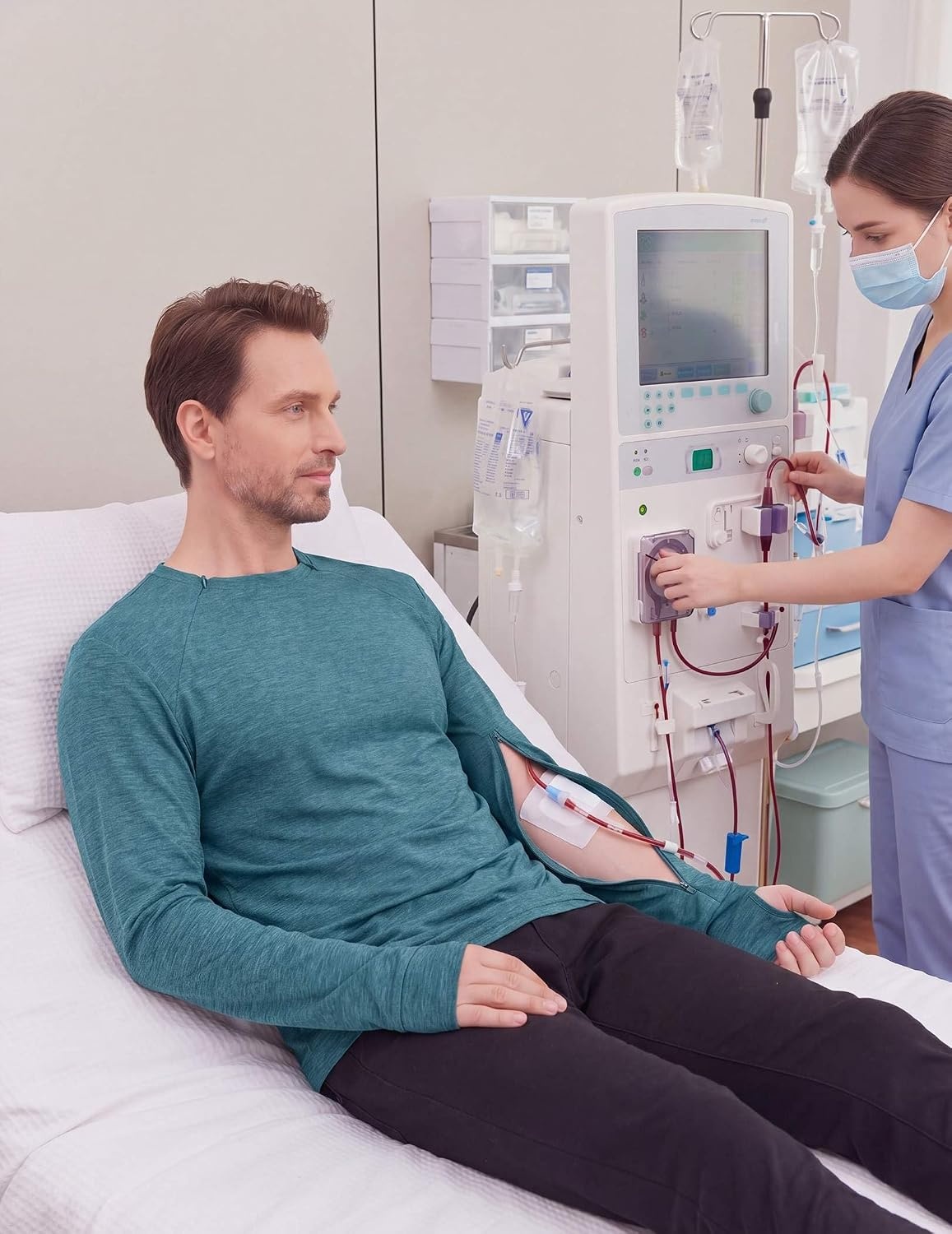 image:imageDeyeek Mens Chemo Port Access Shirts with 2 Side Arm ZippersPeacock Blue