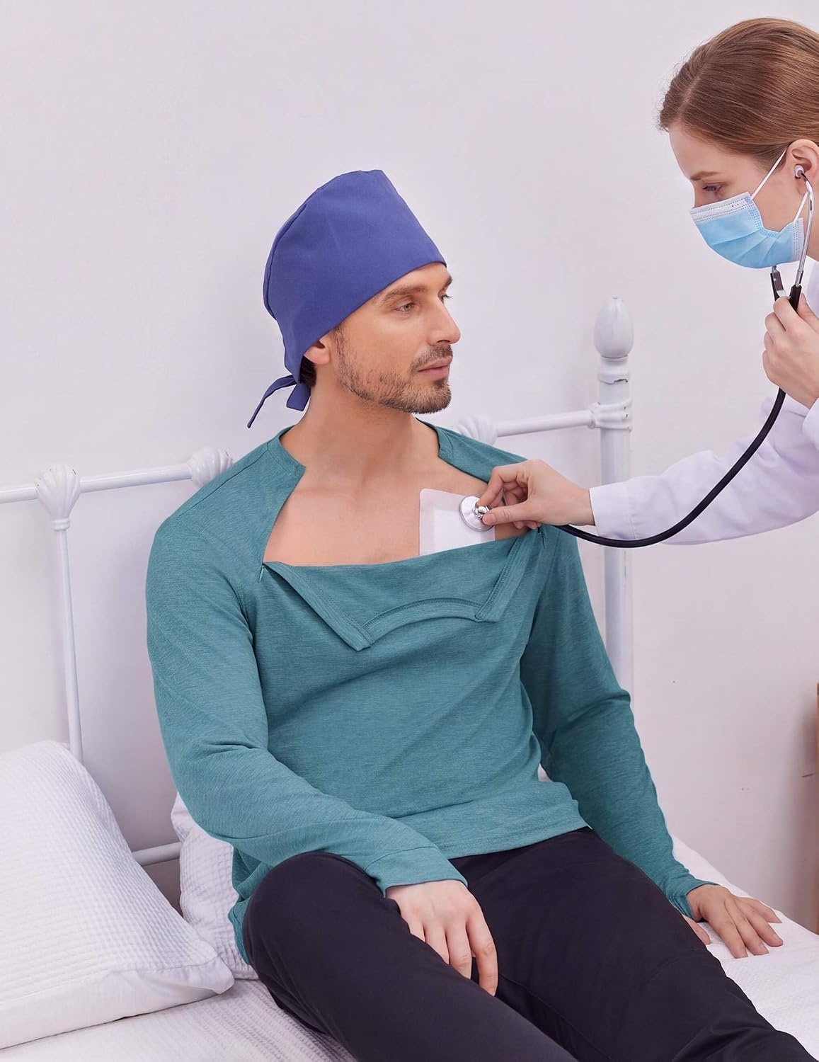 image:imageDeyeek Mens Chemo Port Access Shirts with 2 Side Arm ZippersPeacock Blue
