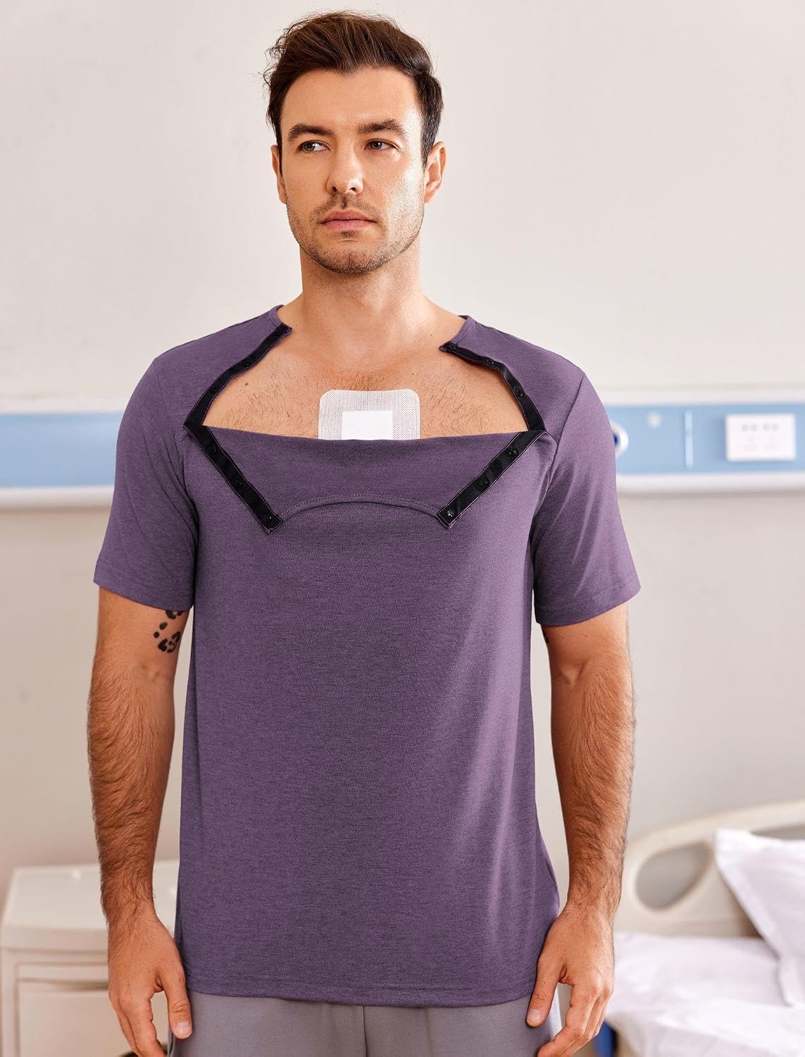 image:imageDeyeek Mens Port Shirt for Chemo Access Dialysis Cancer Post Surgery TopBright Purple