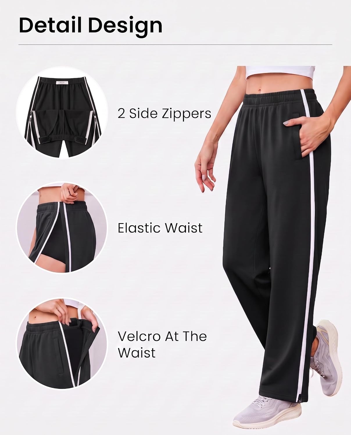 image:imageDeyeek Tear Away Pants for Women Post Surgery 2 Side Zippers SweatpantsBlack