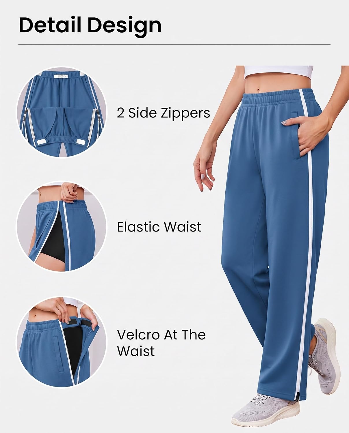 image:imageDeyeek Tear Away Pants for Women Post Surgery 2 Side Zippers SweatpantsBlue