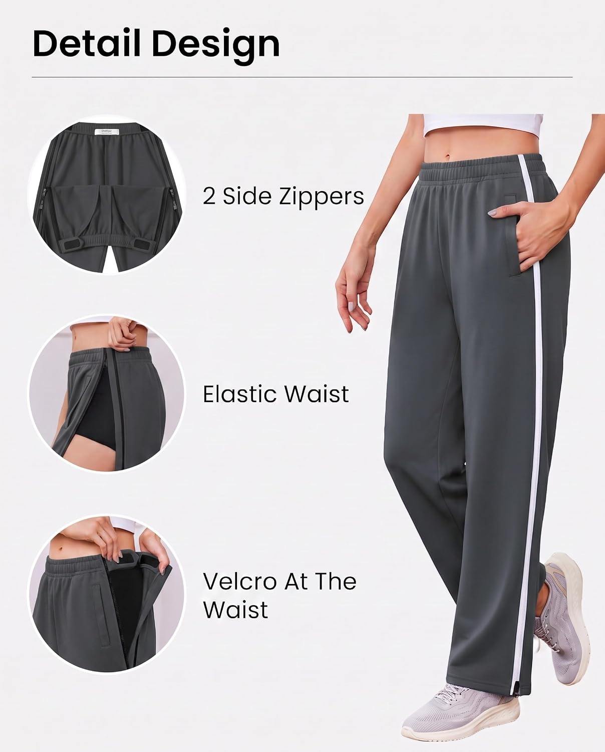 image:imageDeyeek Tear Away Pants for Women Post Surgery 2 Side Zippers SweatpantsDark Grey