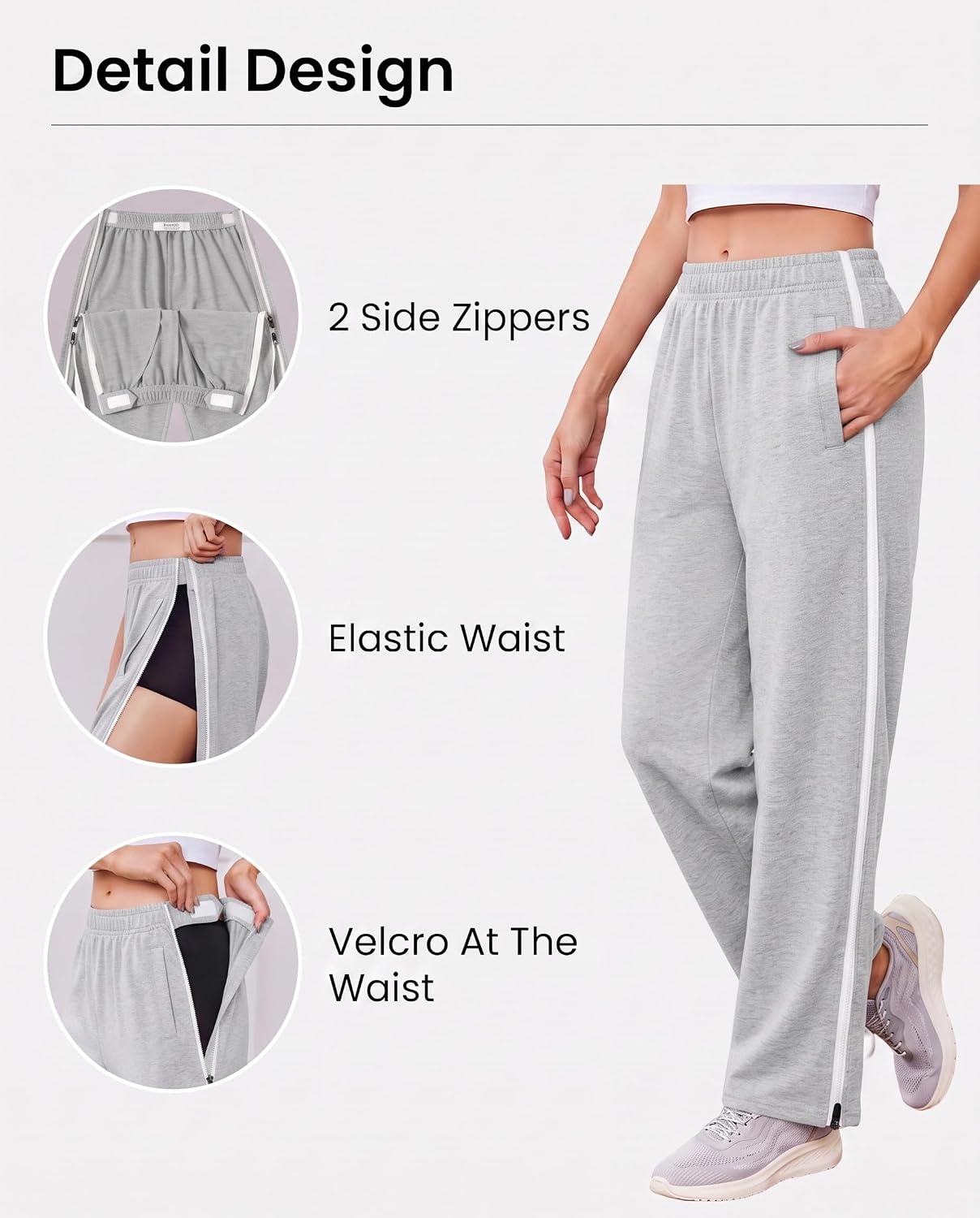 image:imageDeyeek Tear Away Pants for Women Post Surgery 2 Side Zippers SweatpantsLight Grey