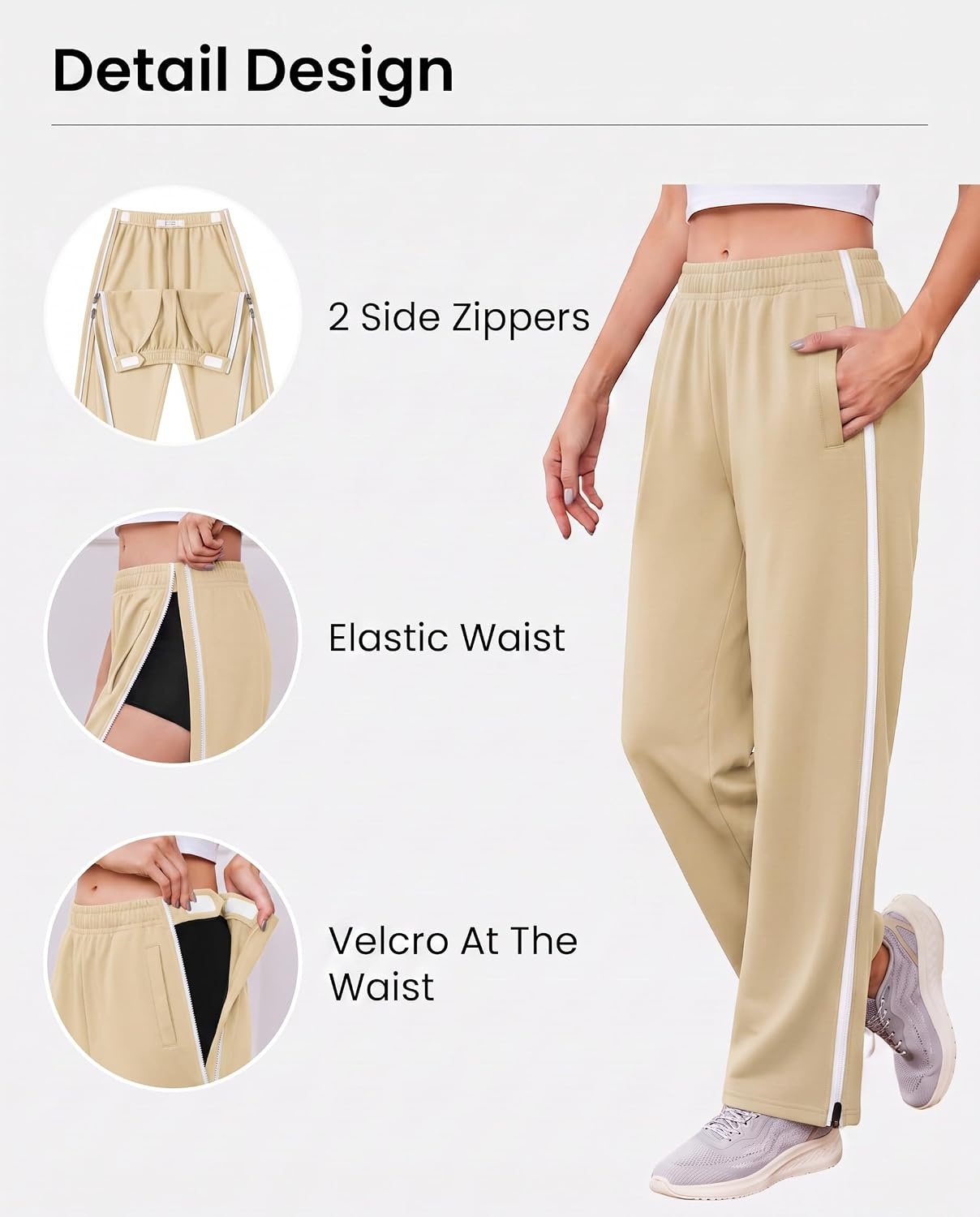 image:imageDeyeek Tear Away Pants for Women Post Surgery 2 Side Zippers SweatpantsLight Khaki