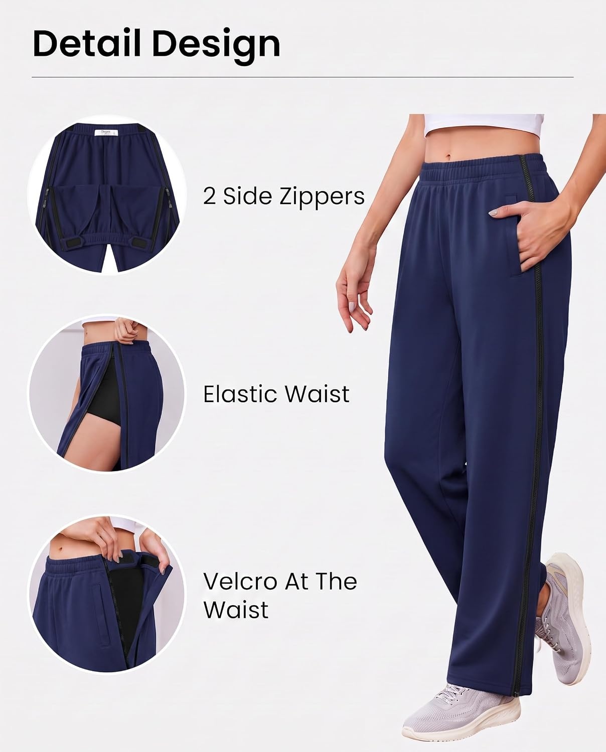 image:imageDeyeek Tear Away Pants for Women Post Surgery 2 Side Zippers SweatpantsNavy Blue