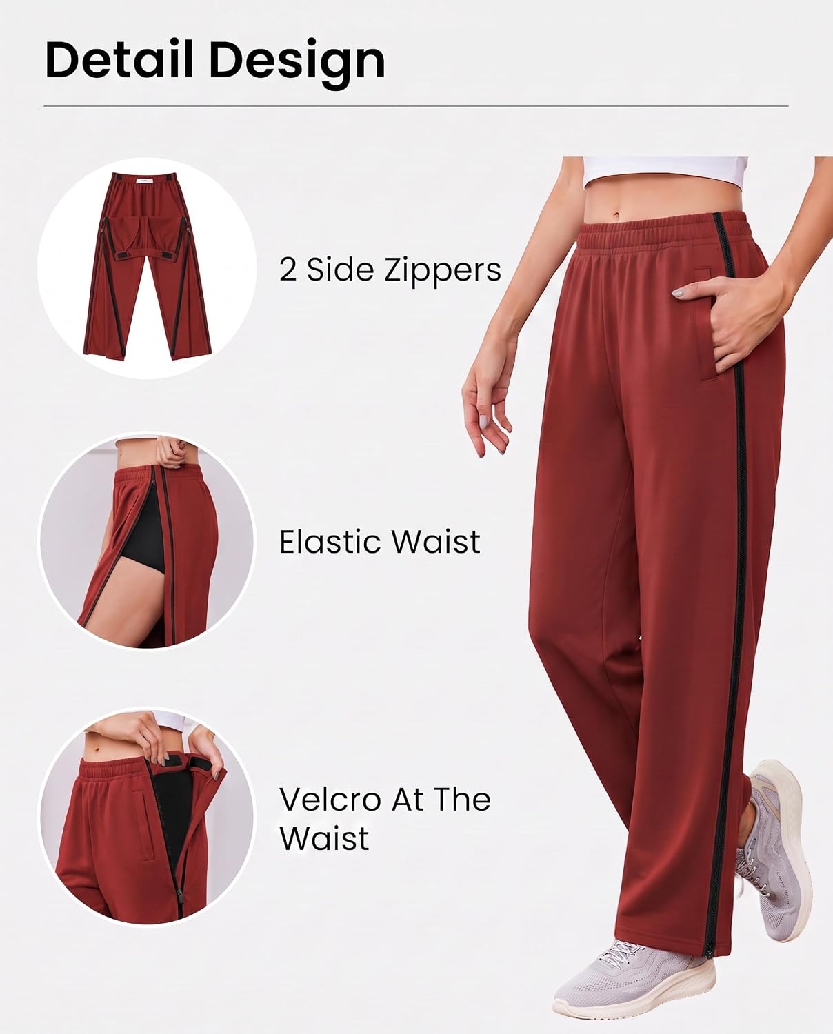 image:imageDeyeek Tear Away Pants for Women Post Surgery 2 Side Zippers SweatpantsWine