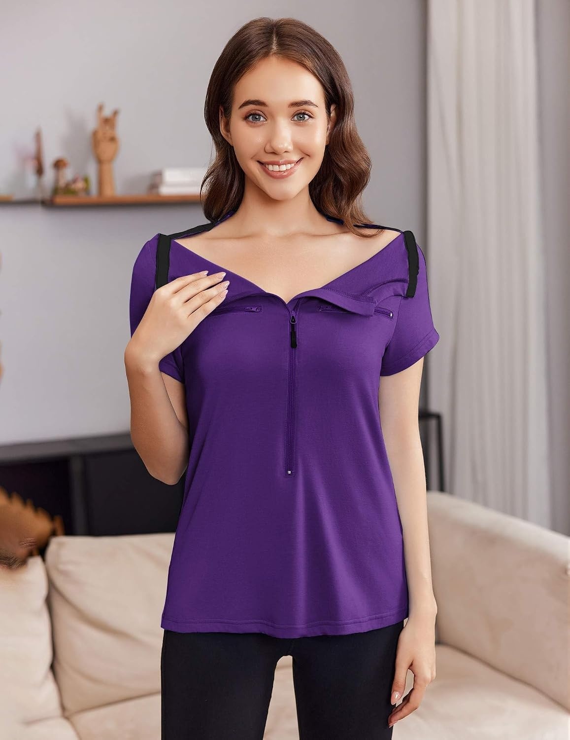 image:imageDeyeek Womens Chemo Port Access Shirts 2 Side Snap Short SleeveDark Purple