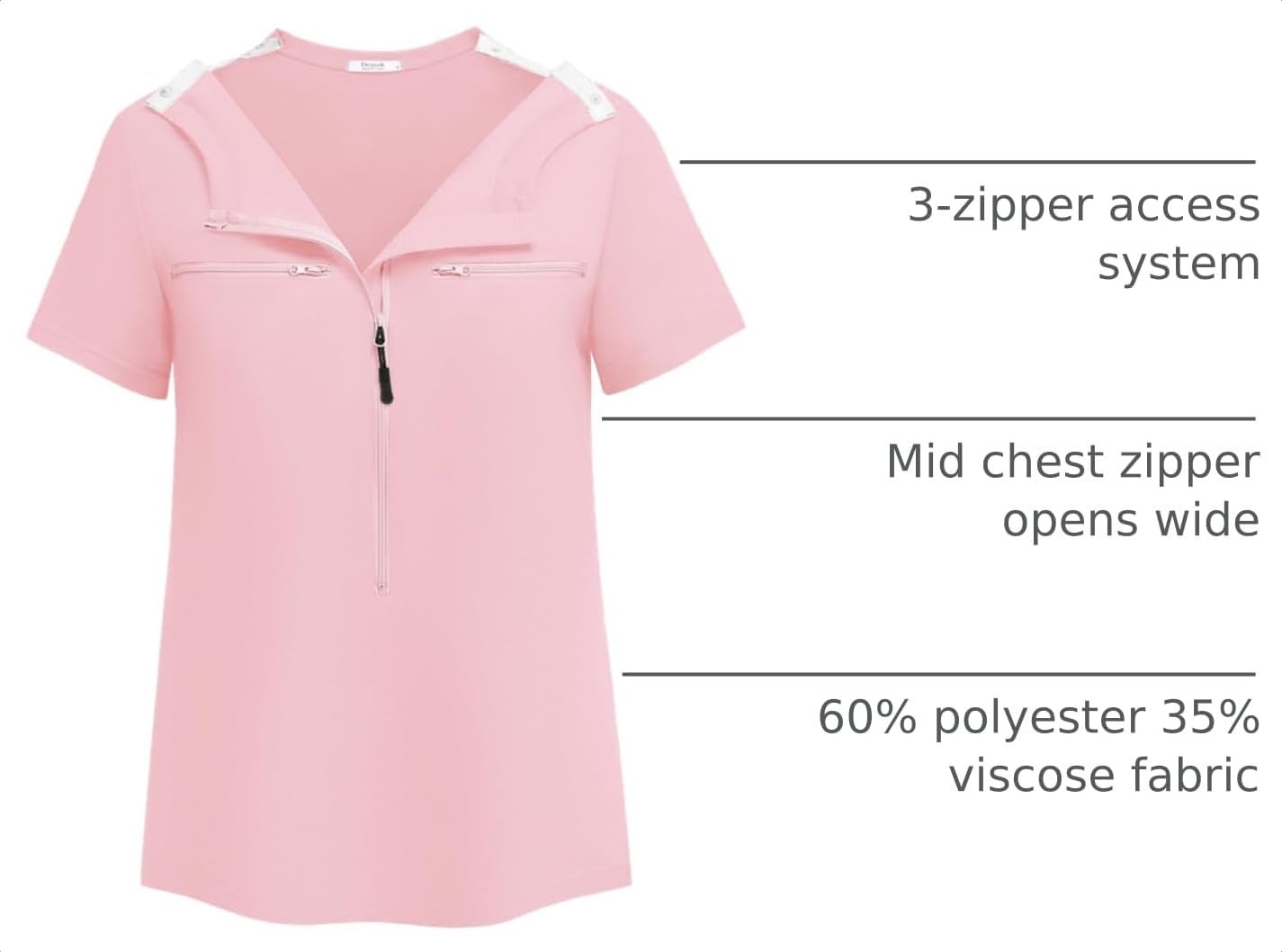 image:imageDeyeek Womens Chemo Port Access Shirts 2 Side Snap Short SleevePink