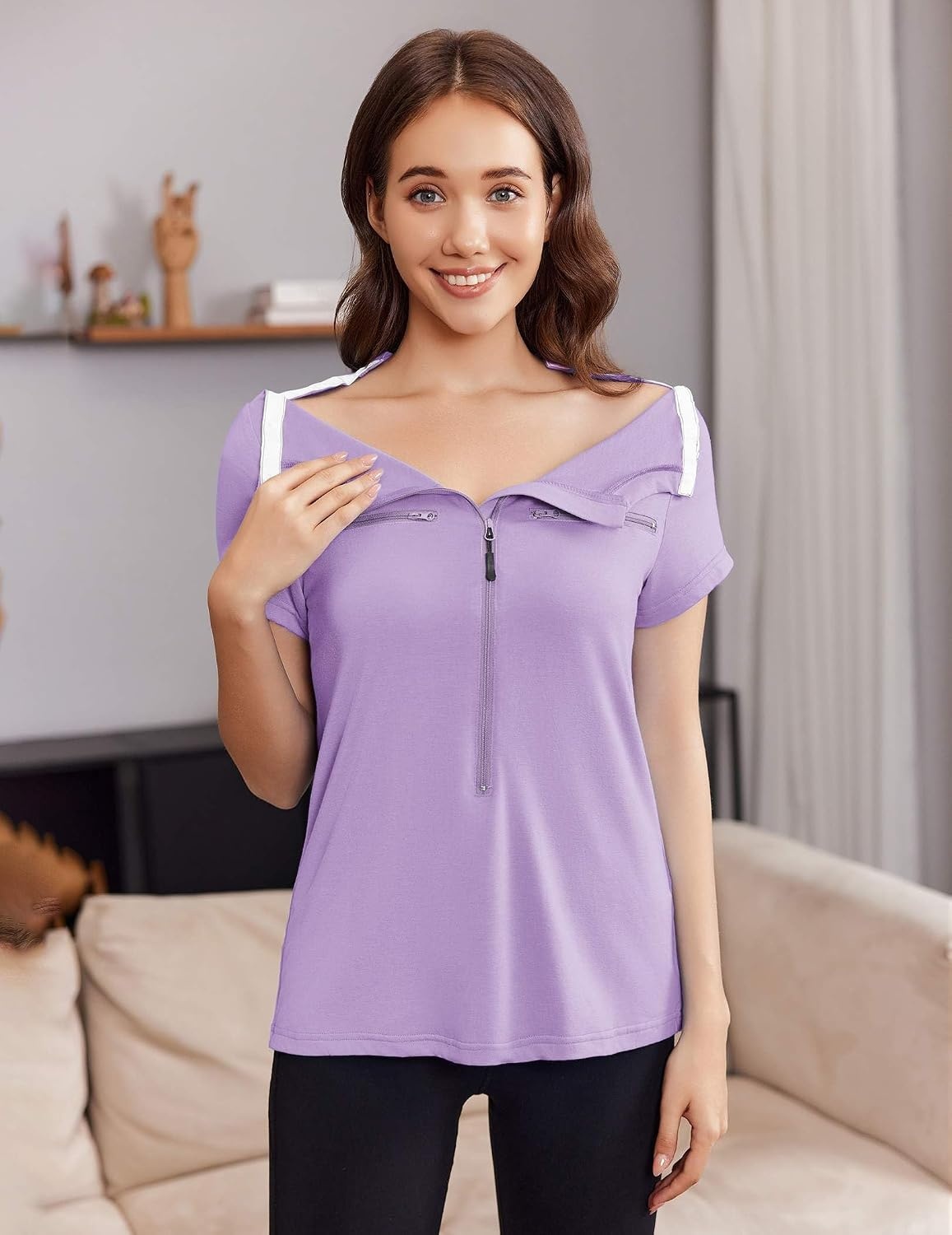 image:imageDeyeek Womens Chemo Port Access Shirts 2 Side Snap Short SleevePurple