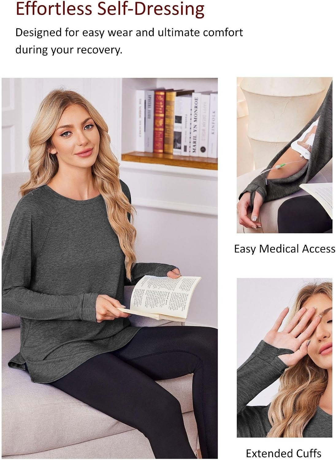 image:imageDeyeek Womens Dialysis Shirt Arm Zipper Port Access Long Sleeve TopDark Gray