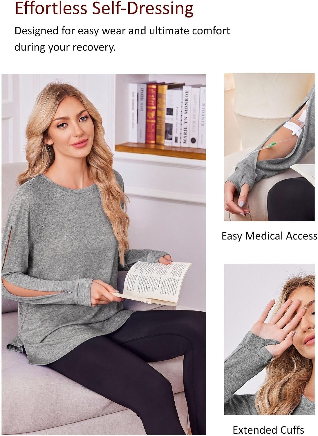 image:imageDeyeek Womens Dialysis Shirt Arm Zipper Port Access Long Sleeve TopLight Gray